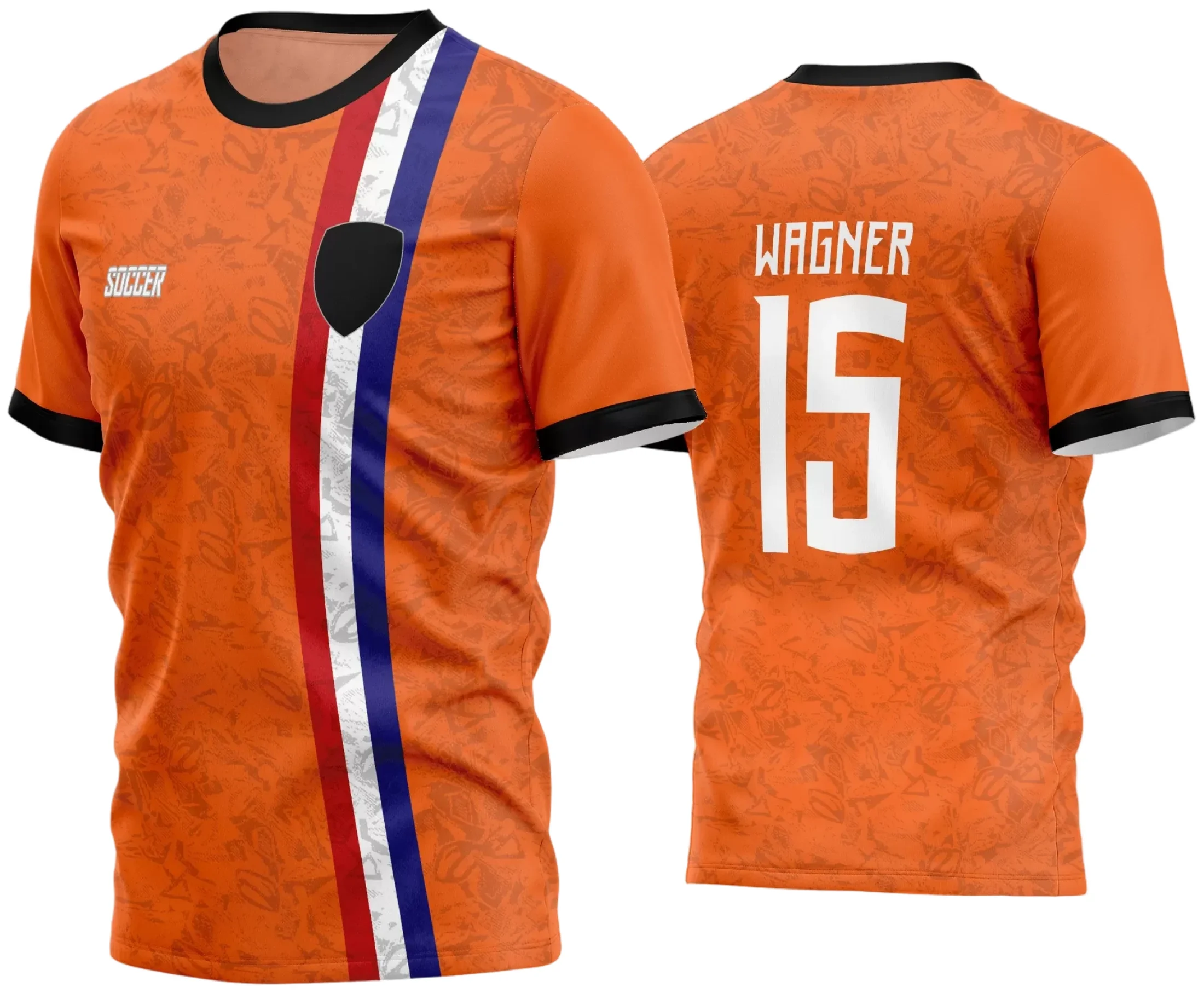 Camisa com logo no peito e estampa grande nas costas, destacando um design moderno e vibrante perfeito para times amadores de futebol em 2024.