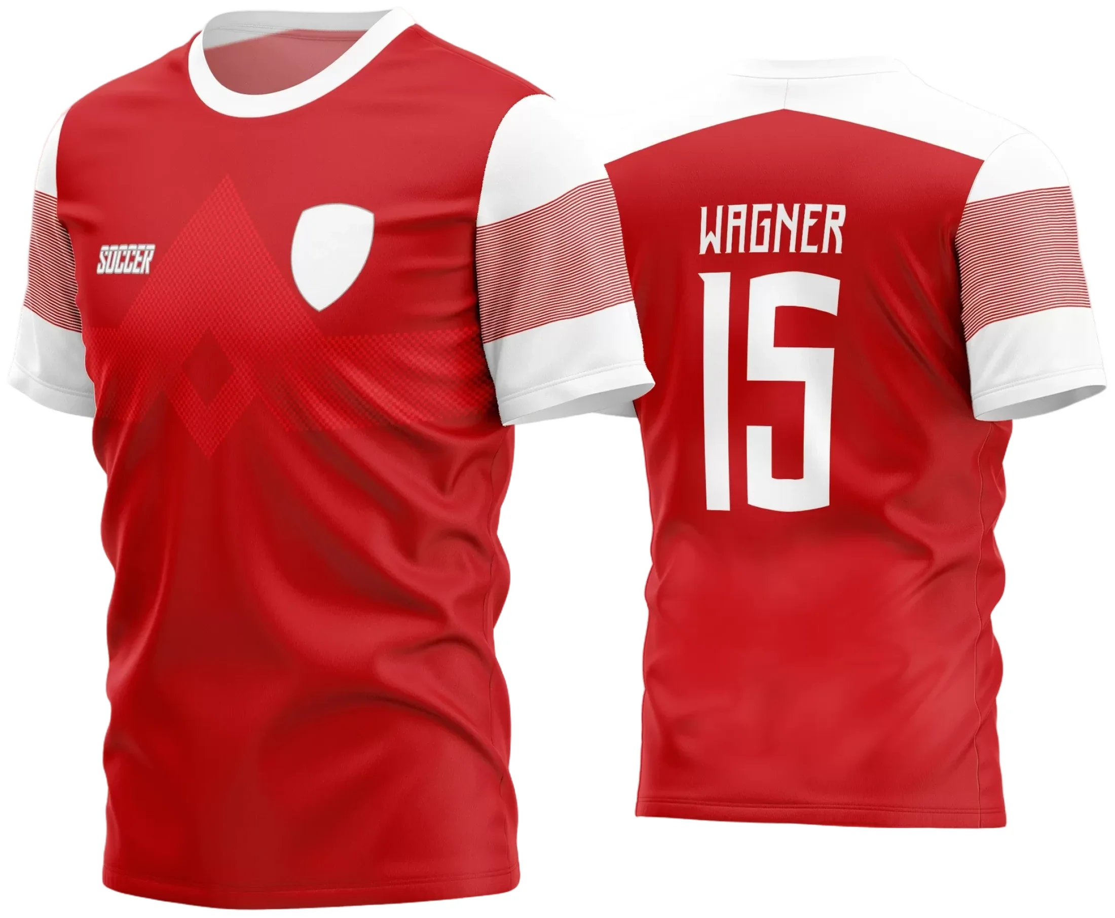 Camisa final de time amador com logo no peito e estampa grande nas costas, exibindo design moderno e vibrante para equipes que buscam destaque em campo.