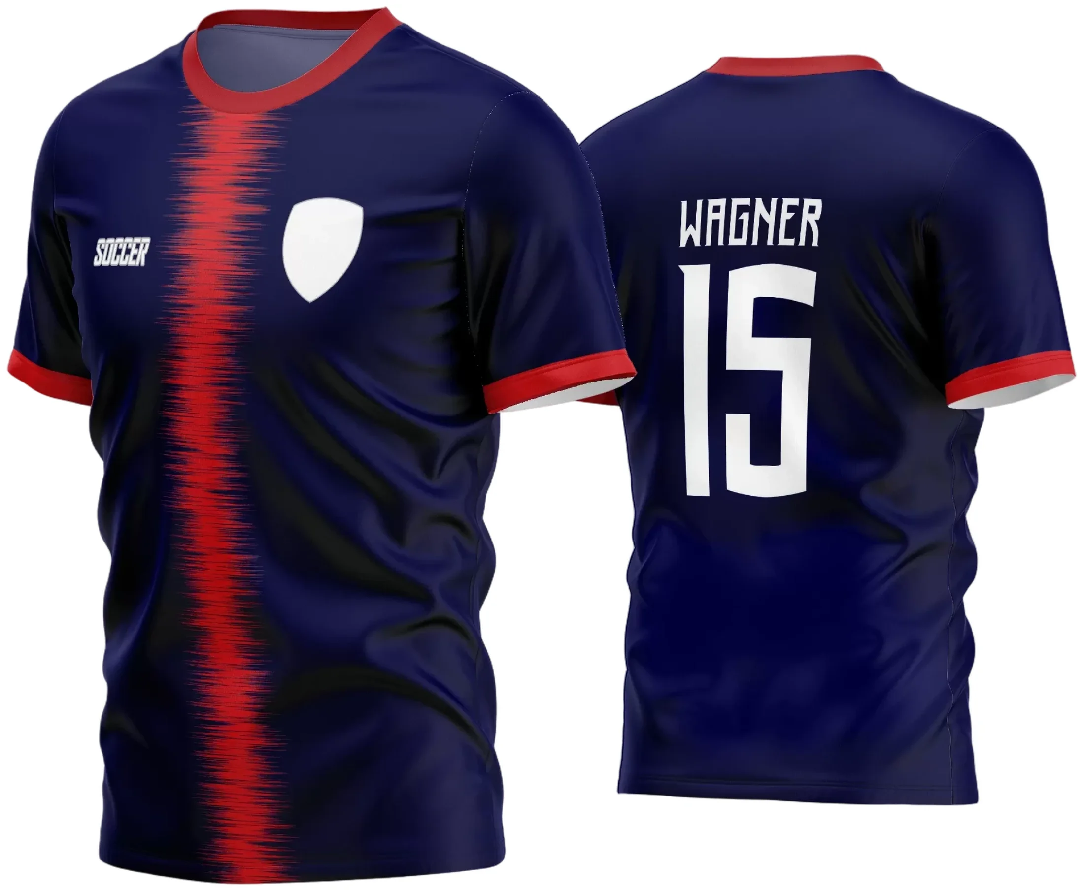 Camisa de futebol amador com logo no peito e estampa grande nas costas, design moderno e vibrante ideal para times locais em competições e treinos, destacando união e espírito esportivo