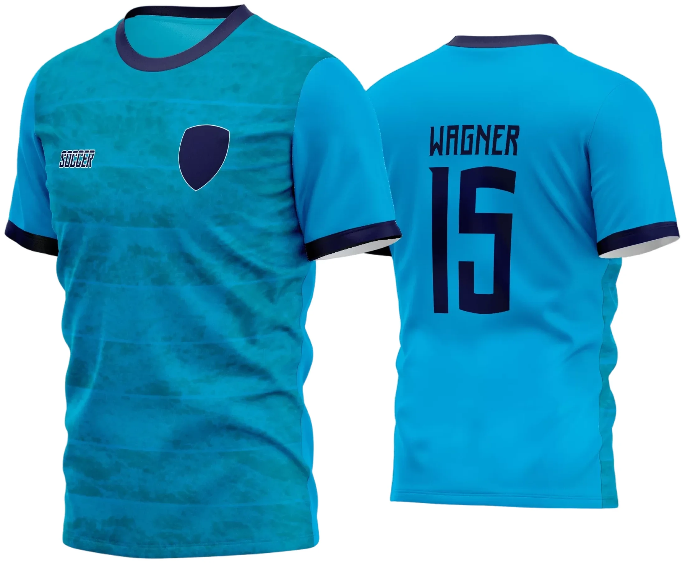 Camisa de futebol amador com logo no peito e estampa grande nas costas, destacando design moderno e cores vibrantes típicas de times locais