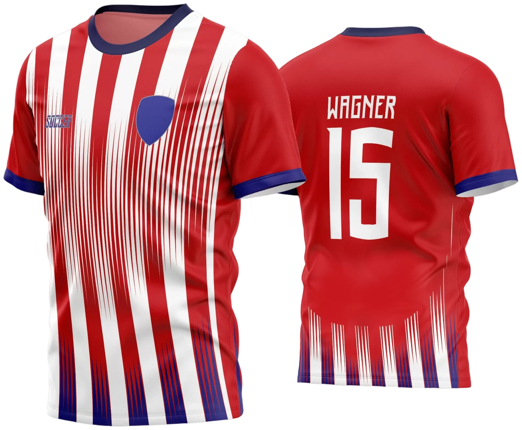 Camisa de futebol amador com logo no peito e estampa grande nas costas em tons vibrantes, apresentando design moderno e atraente para equipes de futebol local.