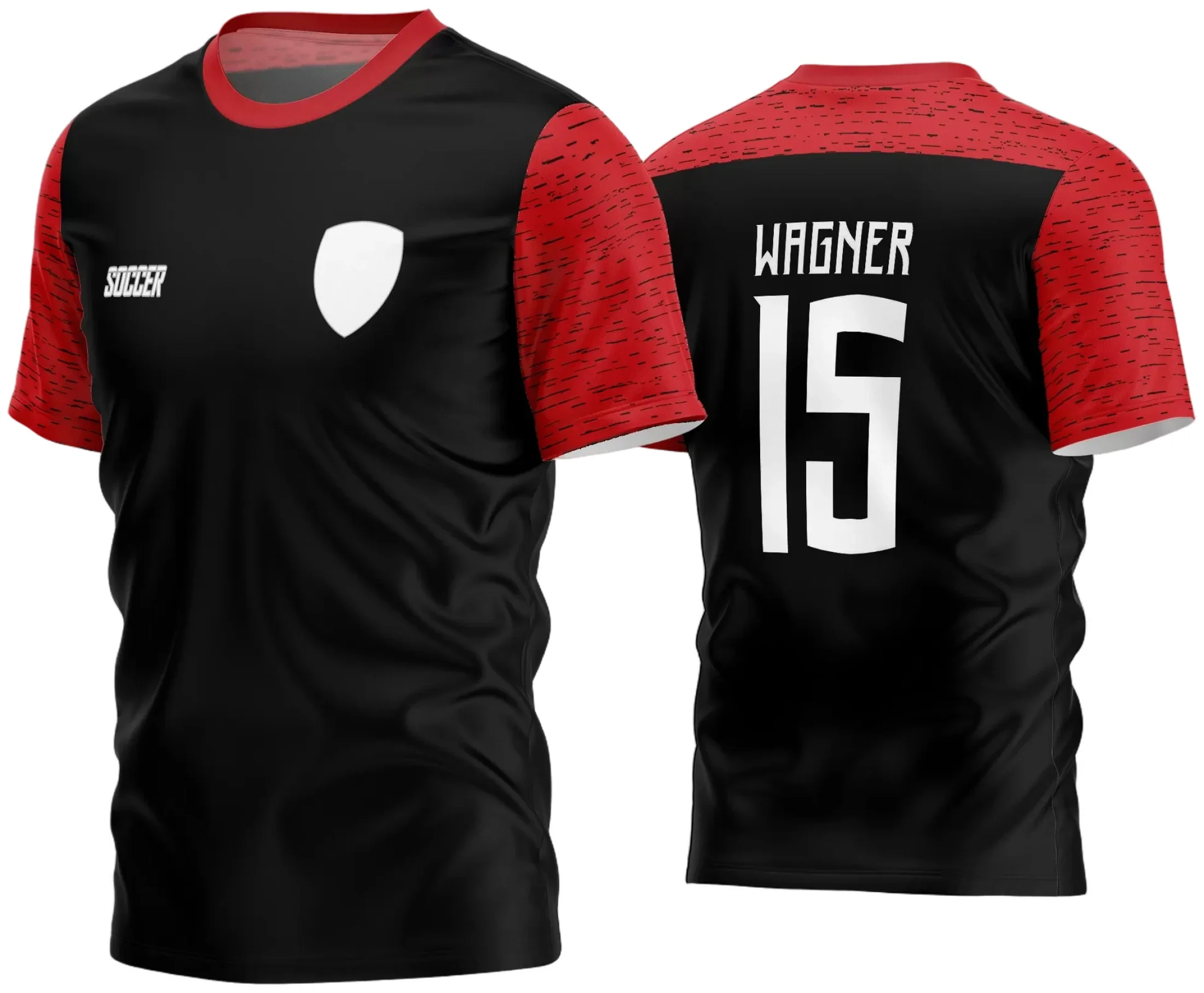 Camisa finalizada com logo no peito e estampa grande nas costas, ideal para times amadores de futebol, com design moderno e visual atraente para partidas e eventos esportivos.