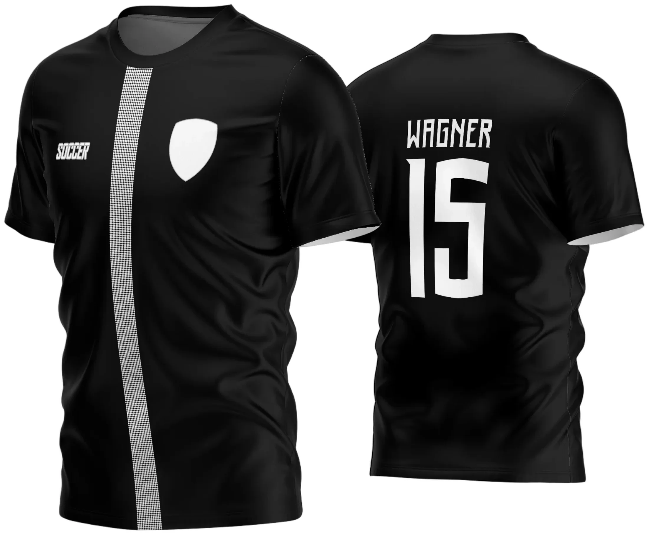 Camisa com logo no peito e estampa grande nas costas, design exclusivo para time amador de futebol com cores vibrantes e detalhes modernos, perfeita para destacar seu time em campo com estilo e personalidade.