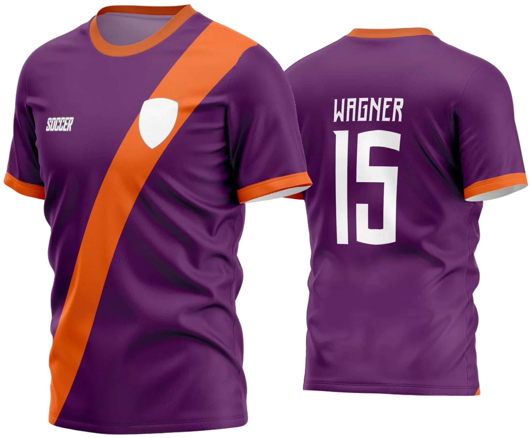 Camisa de futebol amador com logo no peito e estampa grande nas costas em destaque, mostrando design moderno e cores vibrantes, ideal para times que buscam identidade única e visual diferenciado em campo.