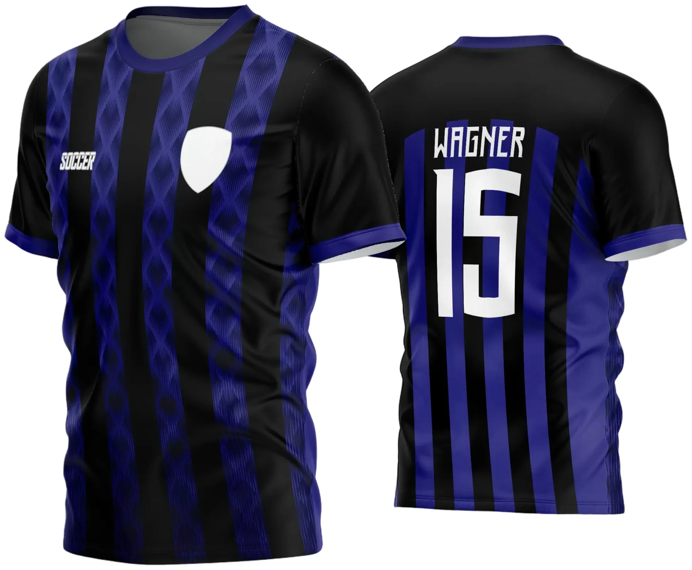 Camisa final com logo no peito e estampa grande nas costas, combinando cores vibrantes e visual dinâmico para o time amador de futebol 2024.