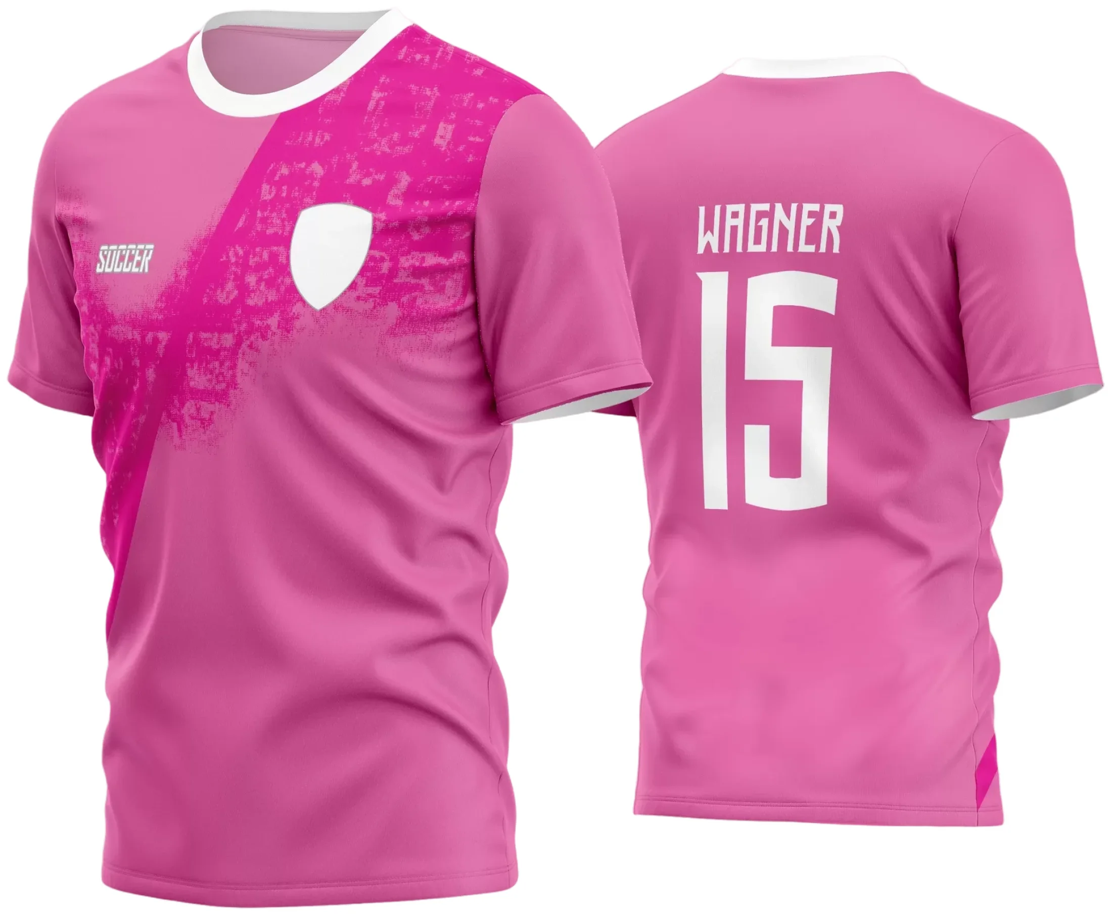 Camisa personalizada de futebol amador com logo no peito e estampa grande nas costas, destacando cores vibrantes e design moderno para identificação do time em campo.