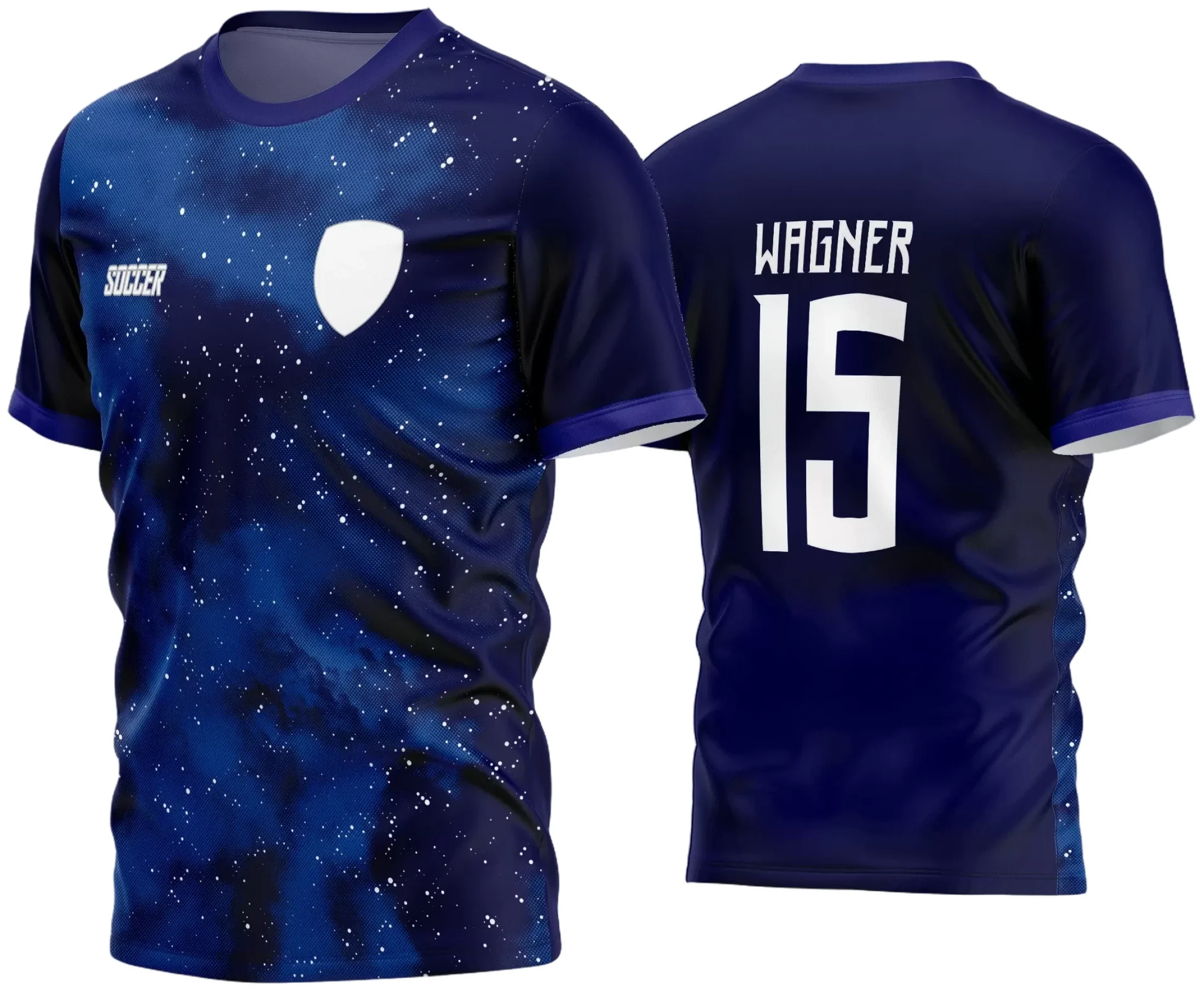 Camisa esportiva com logo no peito e estampa grande nas costas, ideal para times de futebol amador que buscam estilo e identidade em campo.