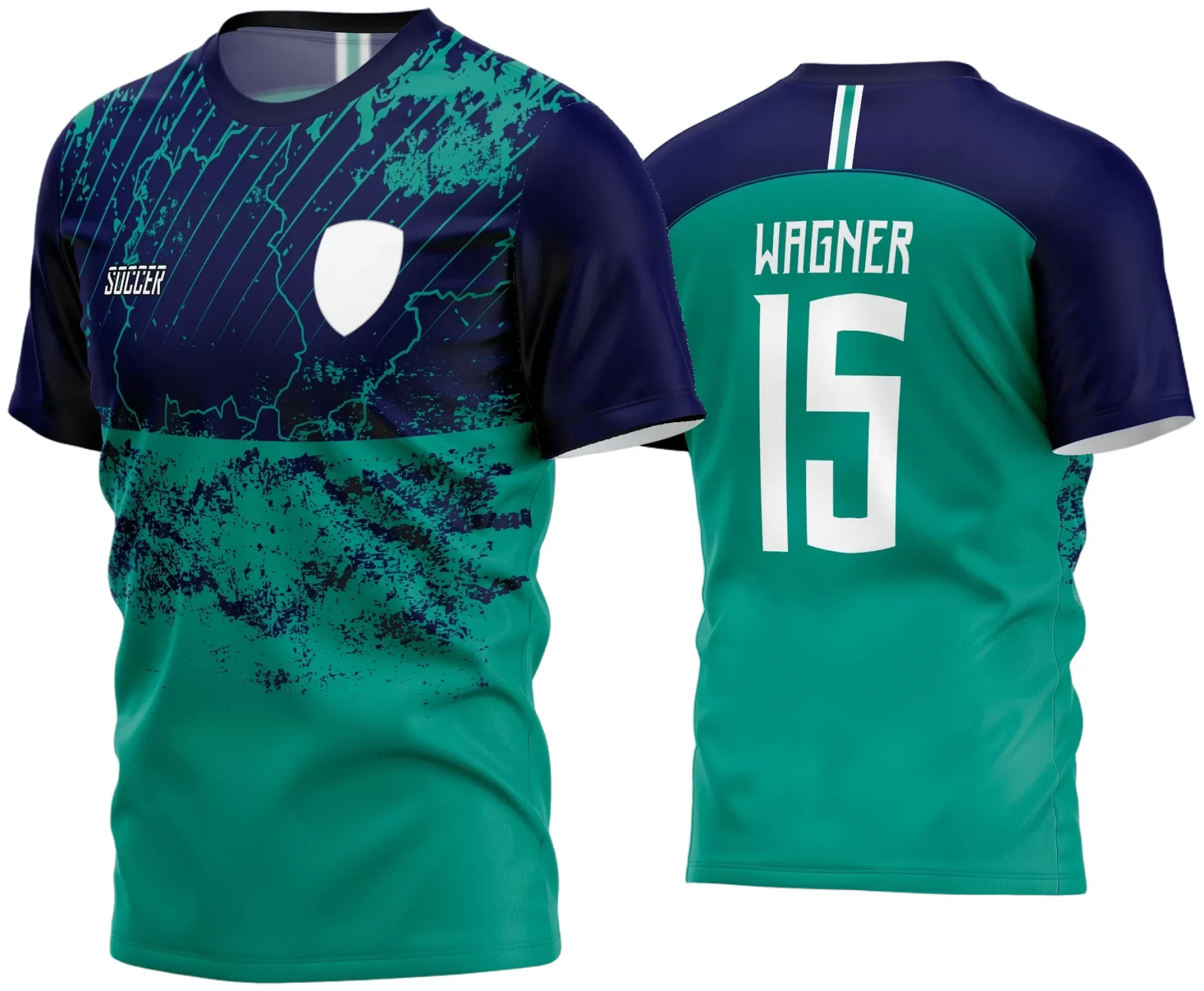 Camisa de futebol com logo no peito e estampa grande nas costas, apresentando design moderno e cores vibrantes, ideal para times amadores na temporada 2024.