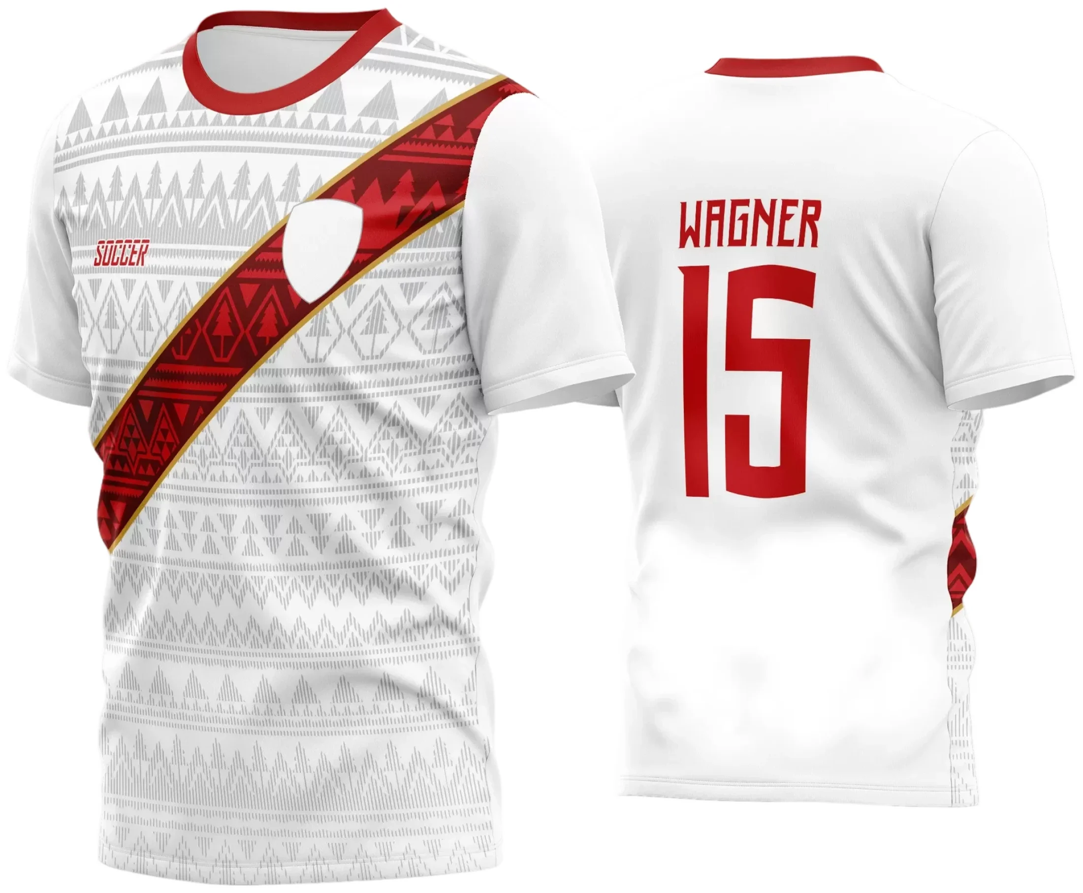 Camisa de futebol amador com logo no peito e estampa grande nas costas personalizada para identificar o time, combinando cores vibrantes e design moderno perfeito para os jogadores em campo.