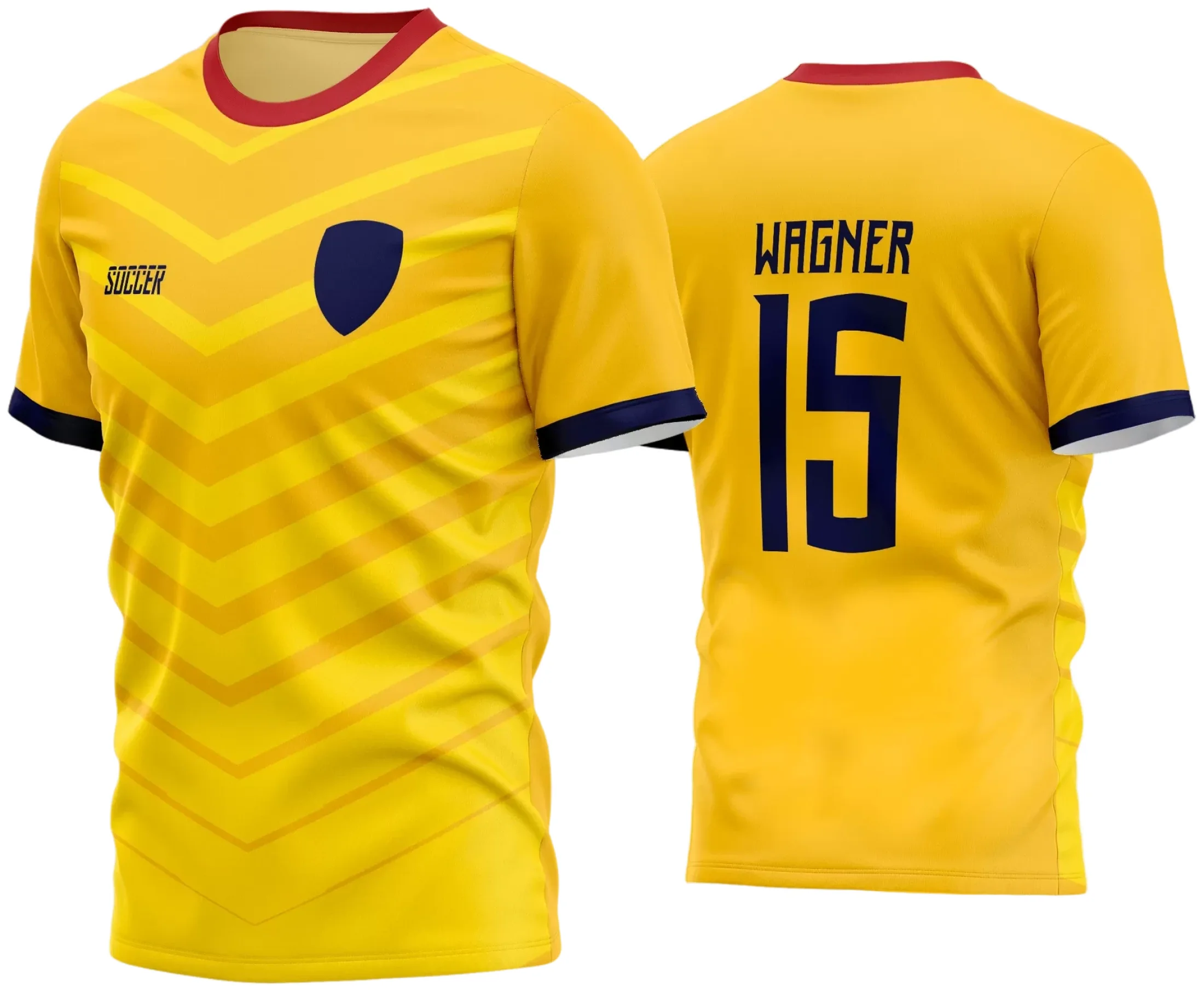 Camisa de futebol amador com logo no peito bem destacado e estampa grande nas costas em cores vibrantes e design moderno, ideal para times que buscam identidade e estilo nas partidas.