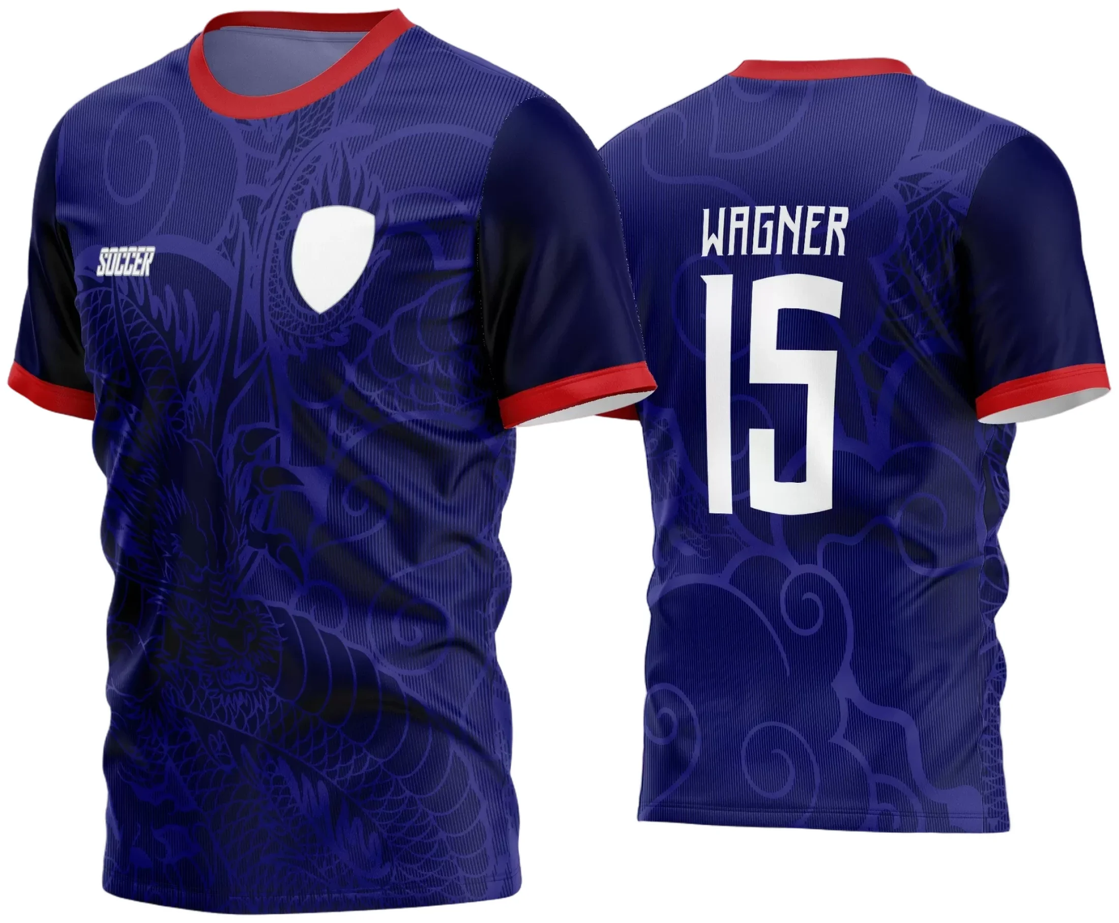 Camisa de futebol com logo no peito e estampa grande nas costas mostrando identidade do time amador com estilo marcante e design esportivo moderno para jogos e treinamentos.