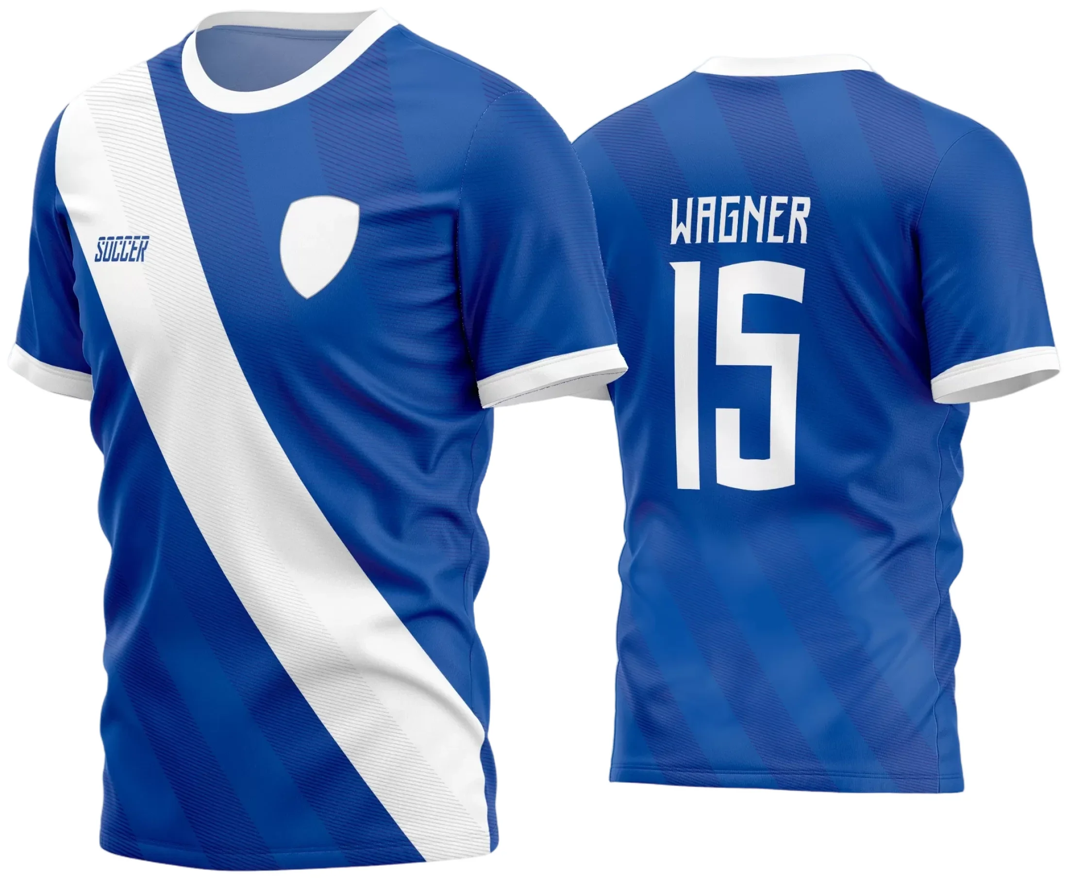 Foto da camisa final com logo no peito e estampa grande nas costas, apresentando design moderno e vibrante ideal para times amadores de futebol que buscam identidade única em campo.