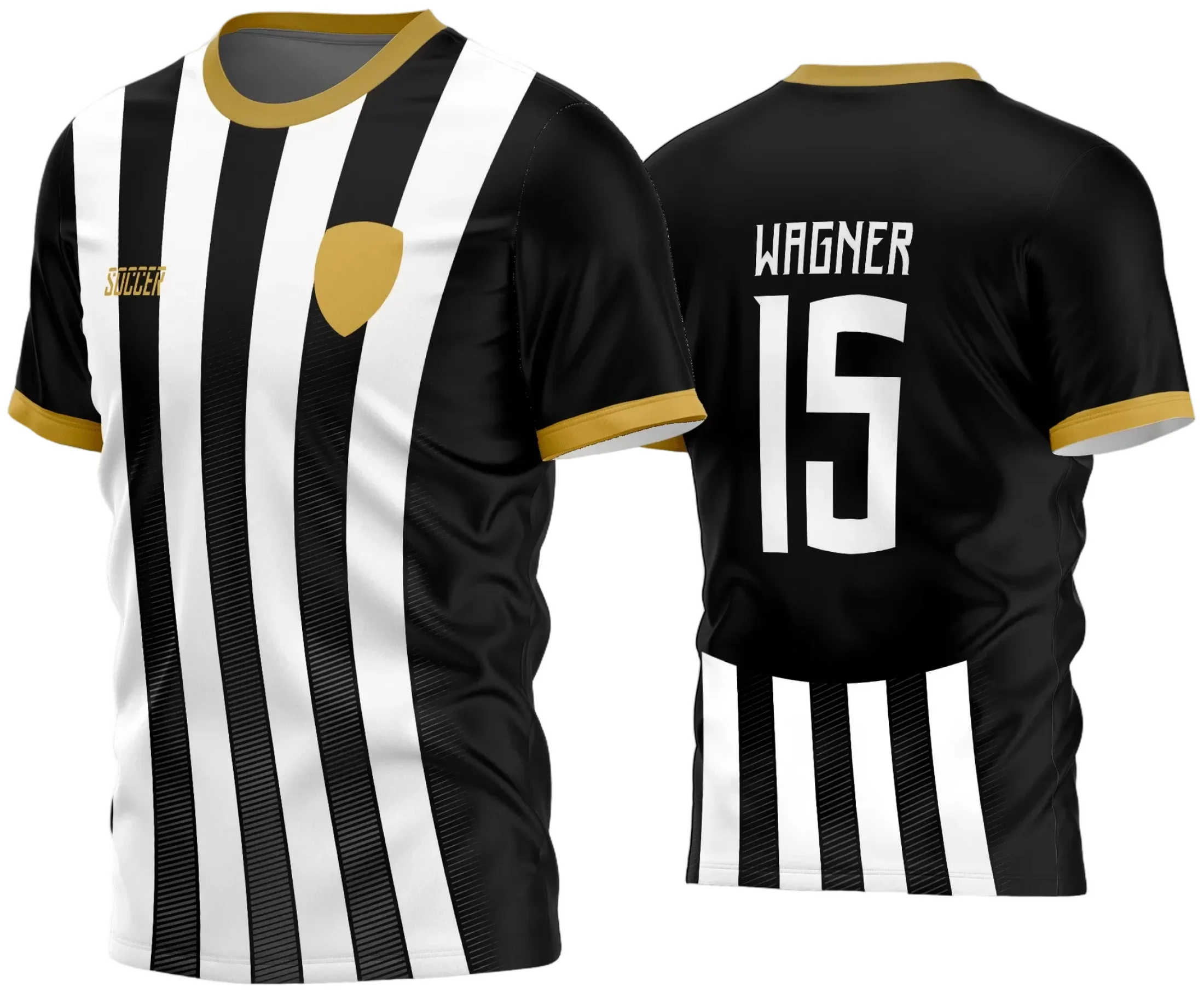 Camisa com logo no peito e estampa grande nas costas, ideal para equipes de futebol amador que buscam um visual marcante e profissional