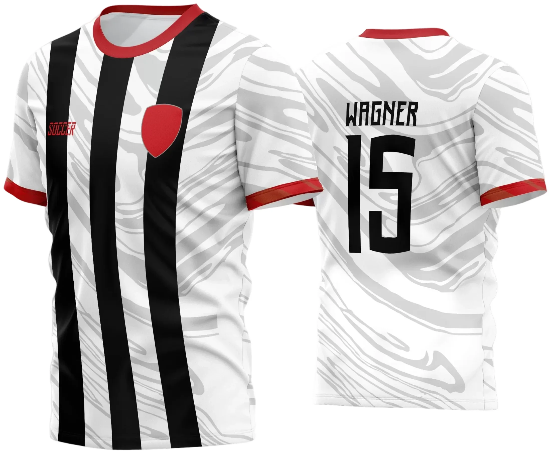 Camisa de futebol amador com logo no peito e estampa grande nas costas, design moderno e vibrante que destaca a paixão pelo esporte e a união do time em campo.