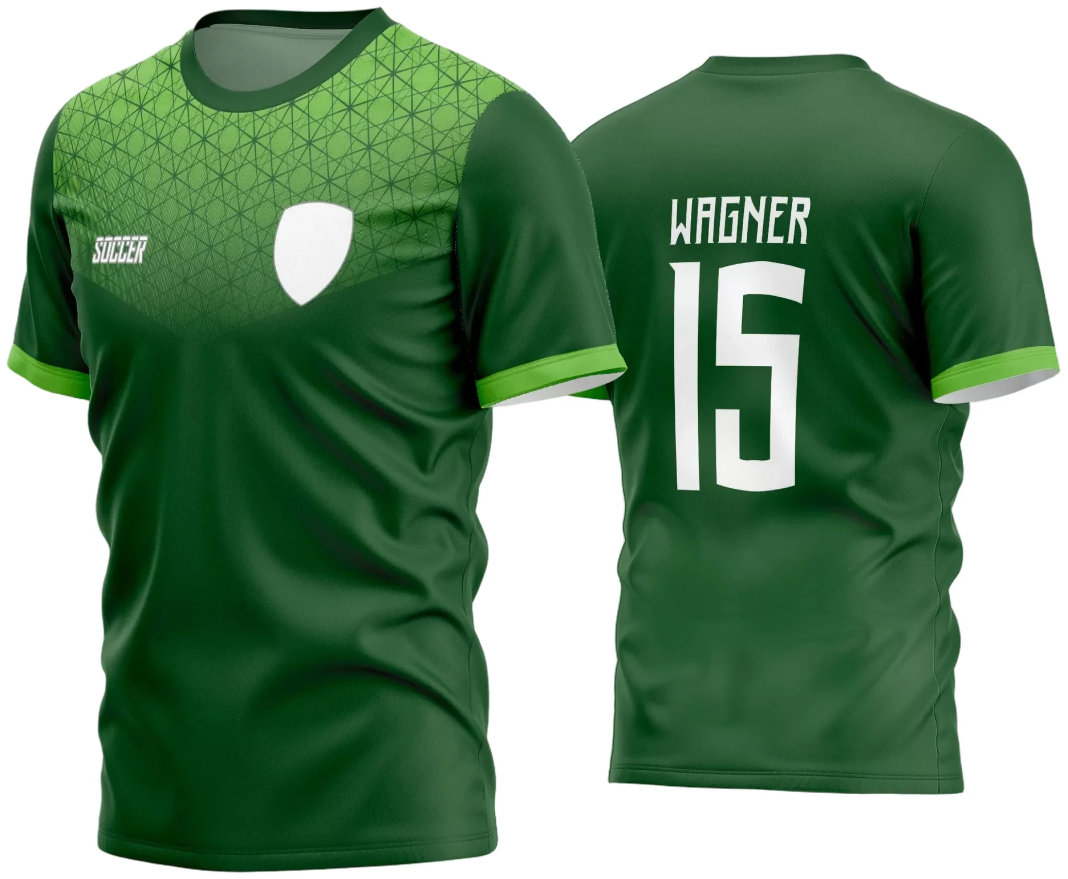 Camisa de futebol com logo no peito e estampa grande nas costas, ideal para times amadores que buscam identidade visual forte e moderna em seus uniformes.