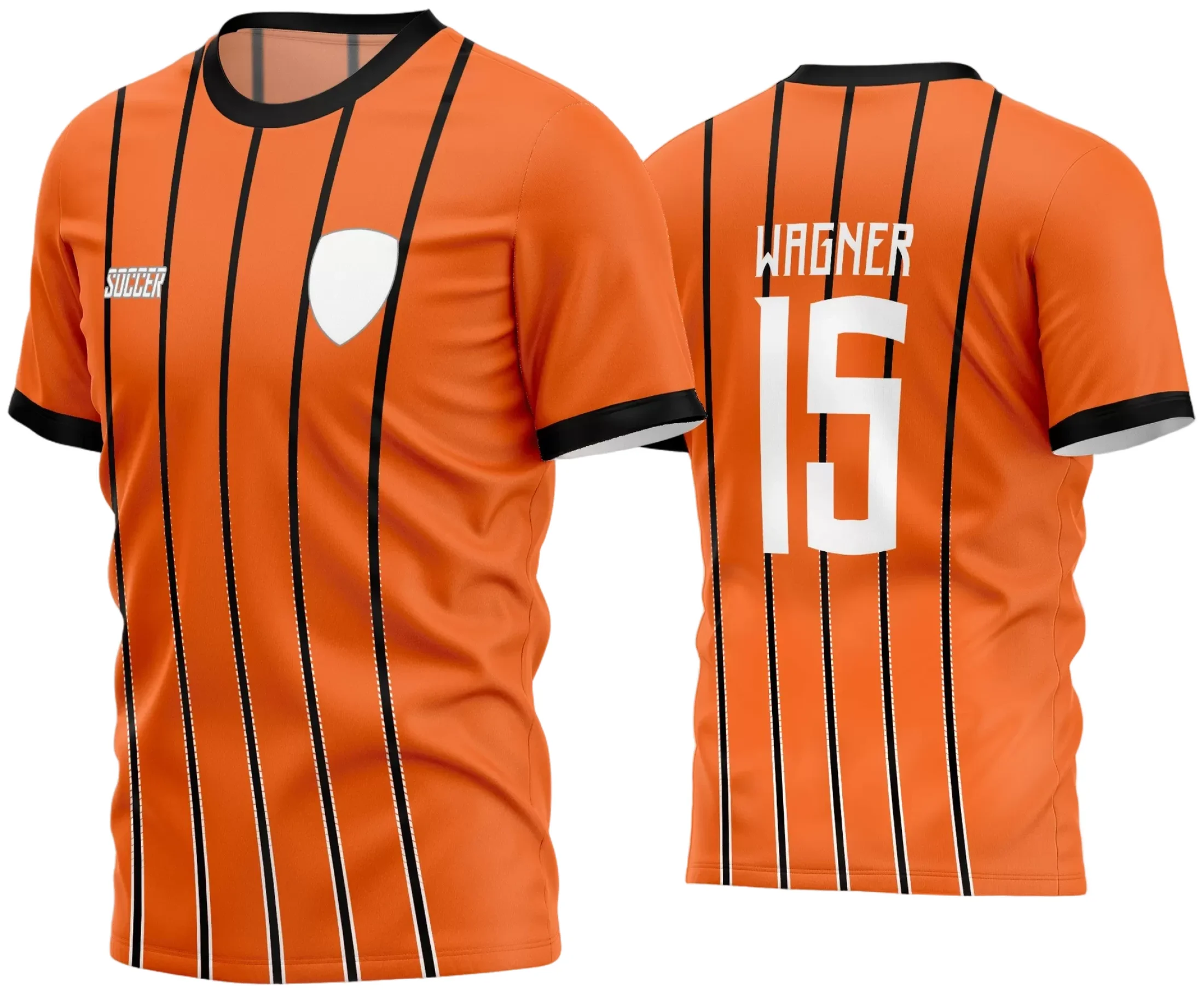 Camisa de futebol amador 2024 com logo no peito e estampa grande nas costas, design moderno e vibrante destacando a identidade do time amador para jogos e eventos esportivos.