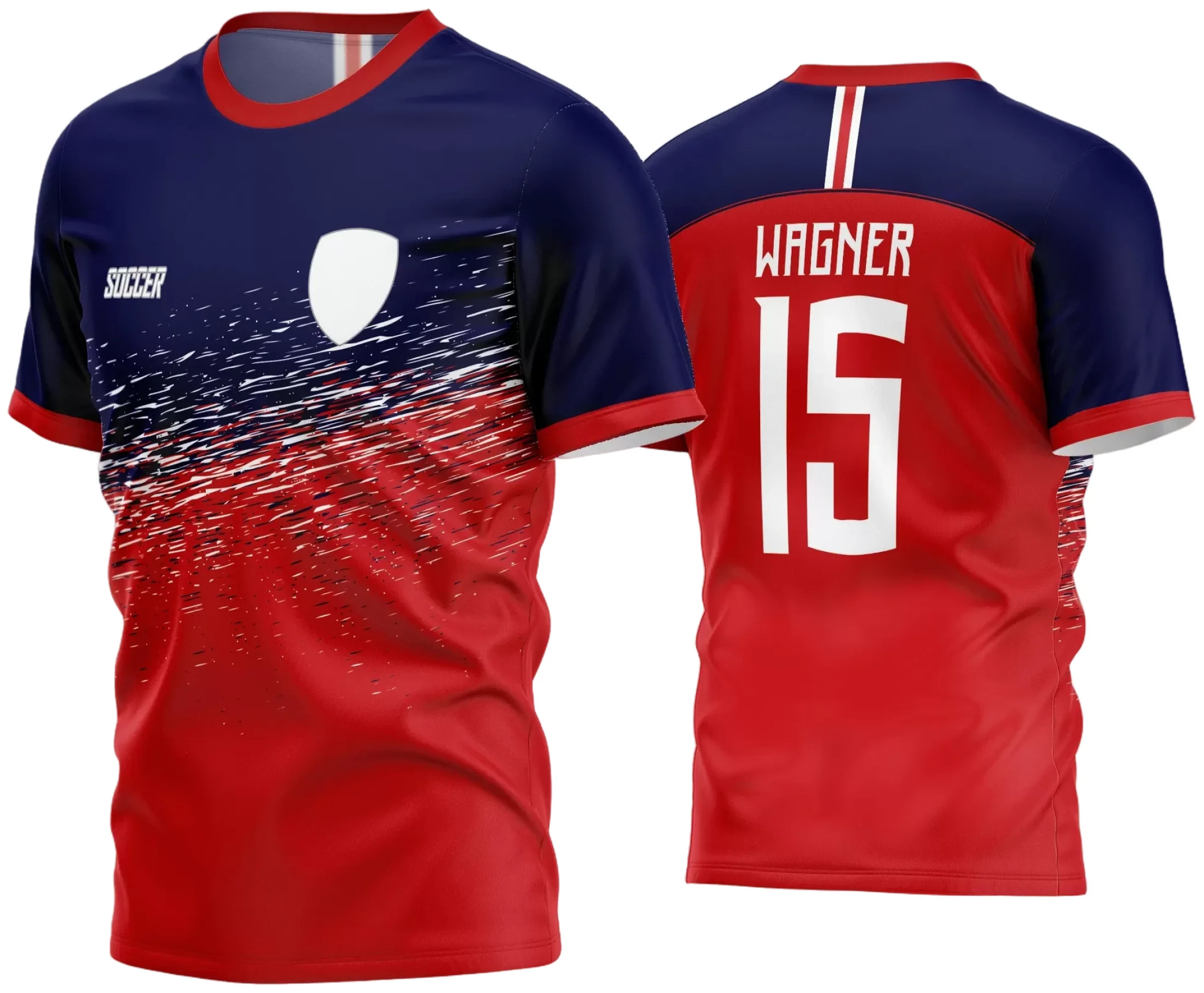 Vista frontal da camisa de futebol com logo no peito e estampa grande nas costas mostrando design vibrante e moderno, perfeita para times amadores evidenciar seu espírito esportivo.