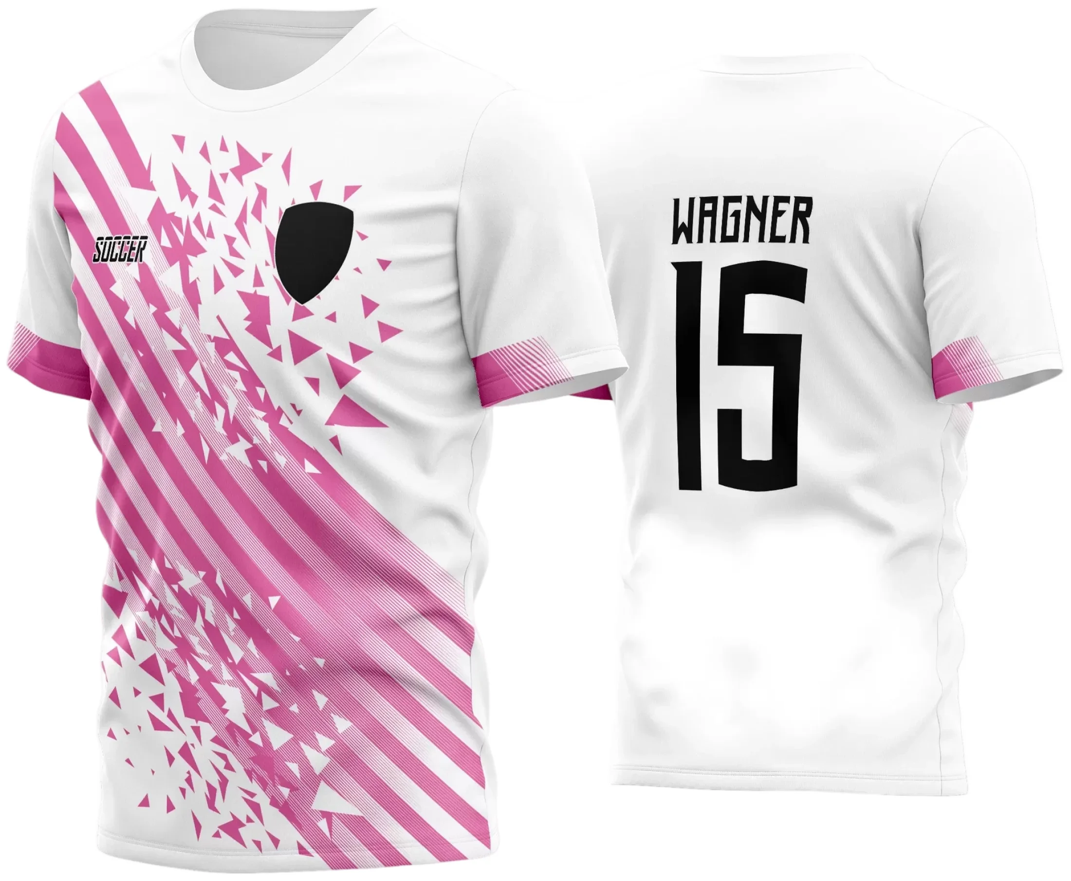 Camisa de futebol amador com logo no peito destacado e estampa grande nas costas, apresentando cores vibrantes e design moderno ideal para times que buscam estilo e identidade nas partidas.