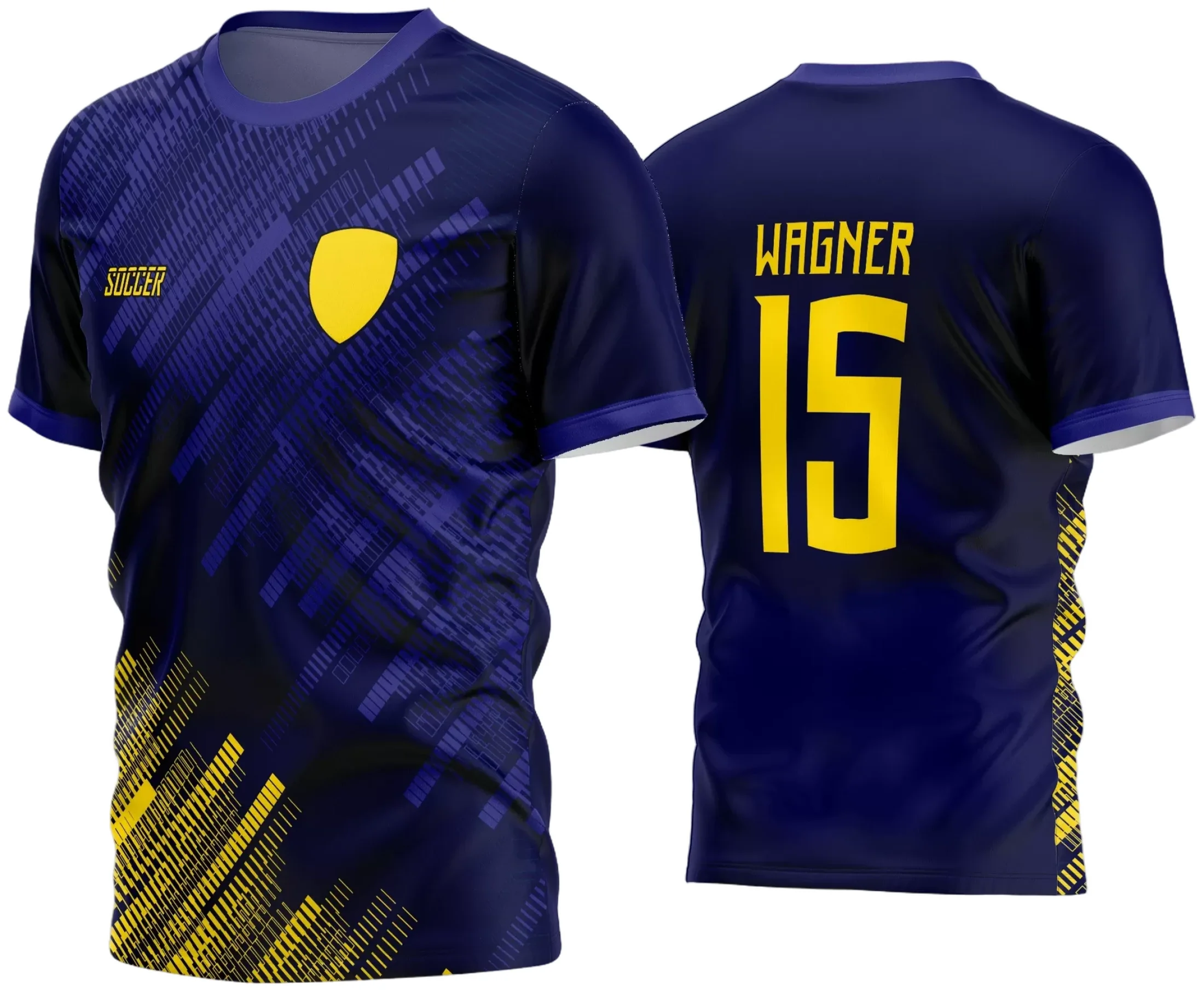 Camisa de time amador de futebol com logo no peito e estampa grande nas costas, apresentando design moderno e cores vibrantes que destacam a identidade da equipe em campo.