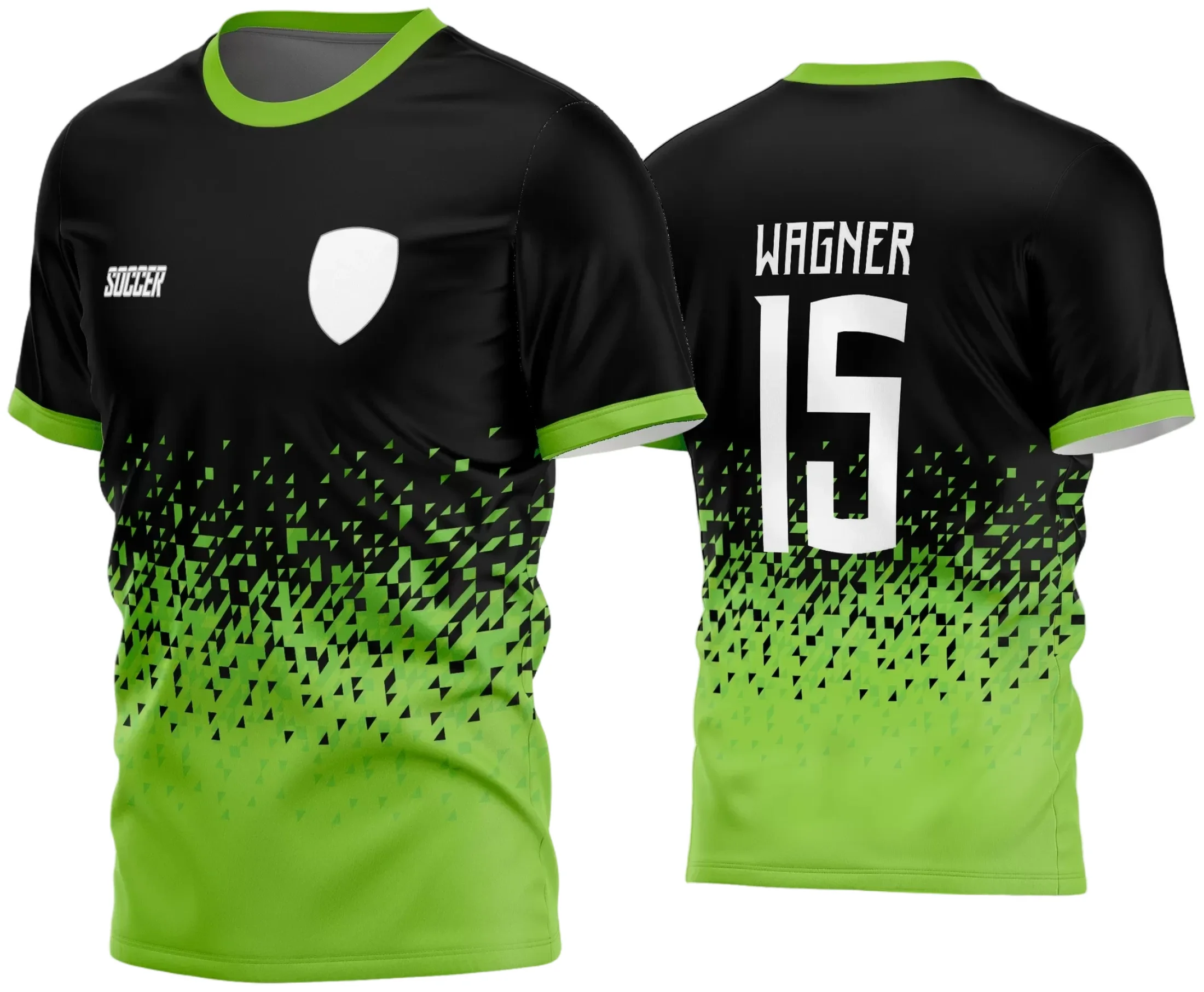 Camisa de futebol com logo no peito detalhado e estampa grande nas costas mostrando motivos esportivos e cores vibrantes, ideal para times amadores que buscam estilo e conforto em uma peça personalizada.