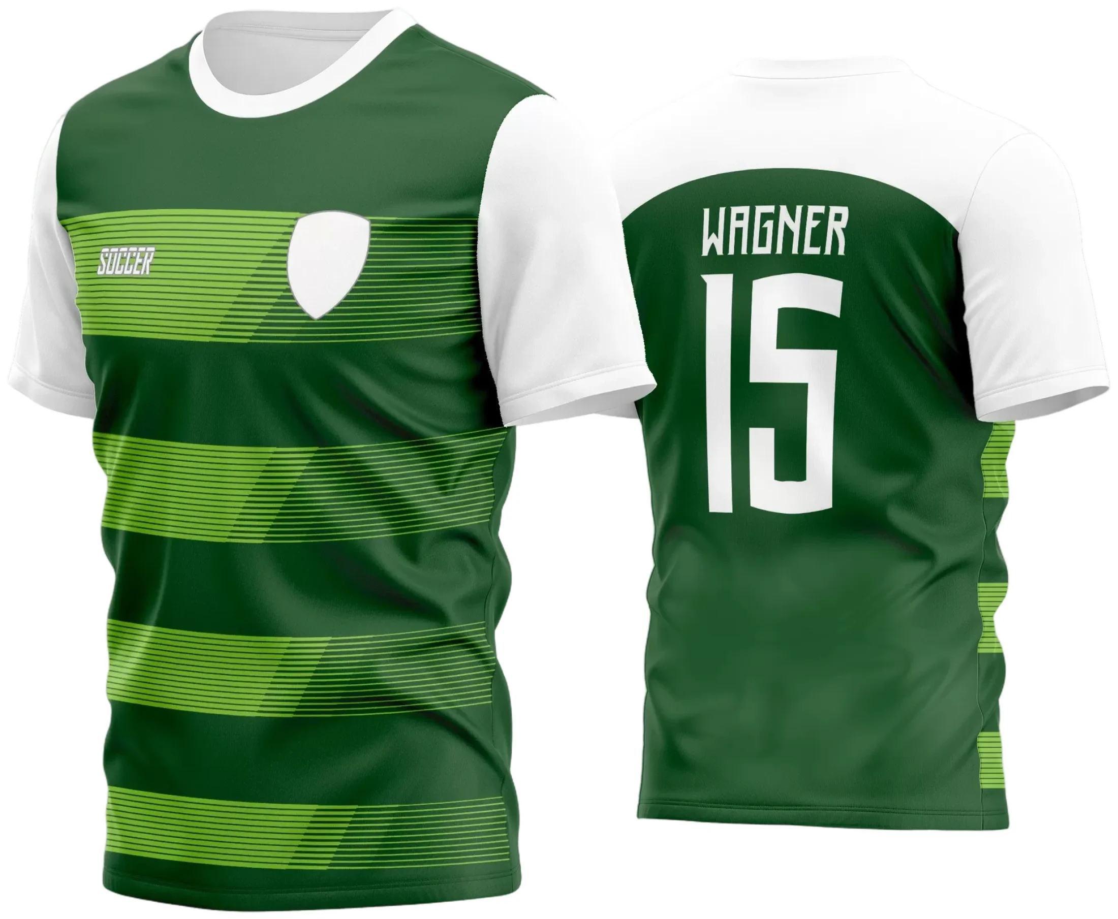 Foto da camisa de futebol com logo no peito e estampa grande nas costas, combinando cores vibrantes e design moderno ideal para times amadores em 2024.