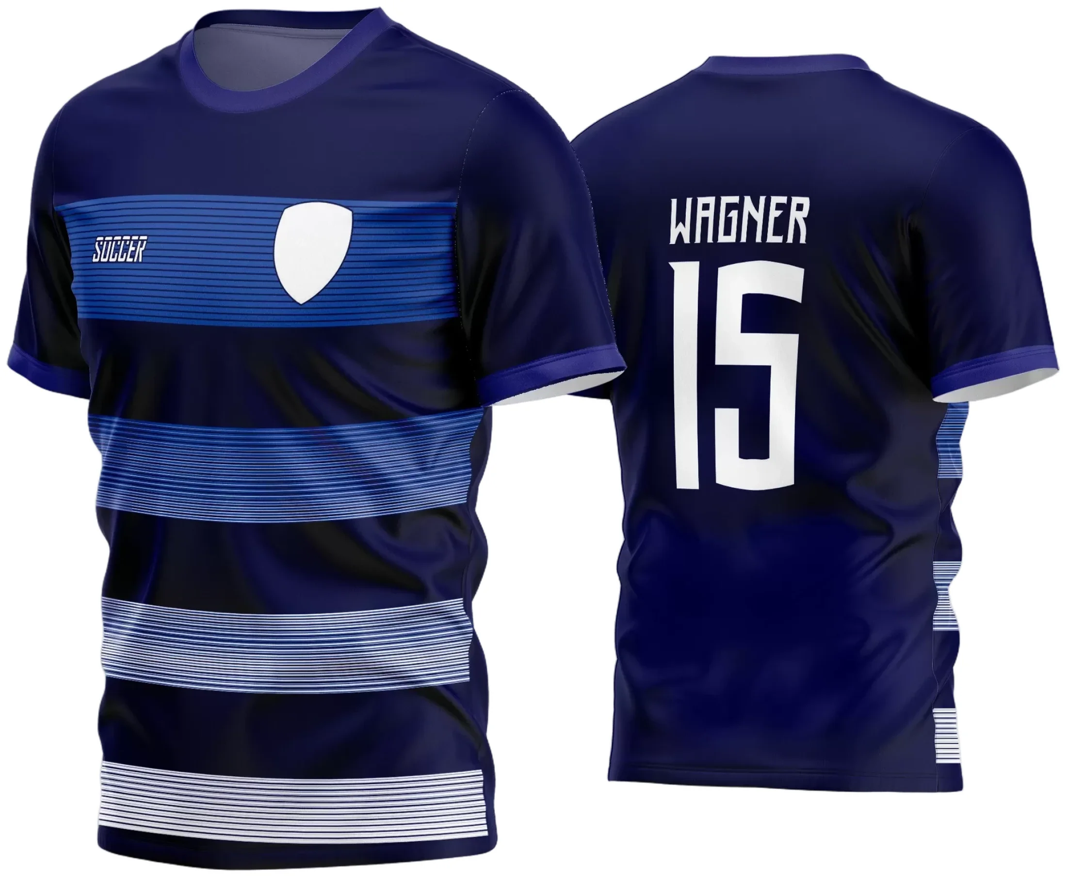 Imagem da camisa com logo no peito e estampa grande nas costas, apresentando design moderno e vibrante para times amadores de futebol em 2024, ideal para destacar a identidade do grupo em campo.