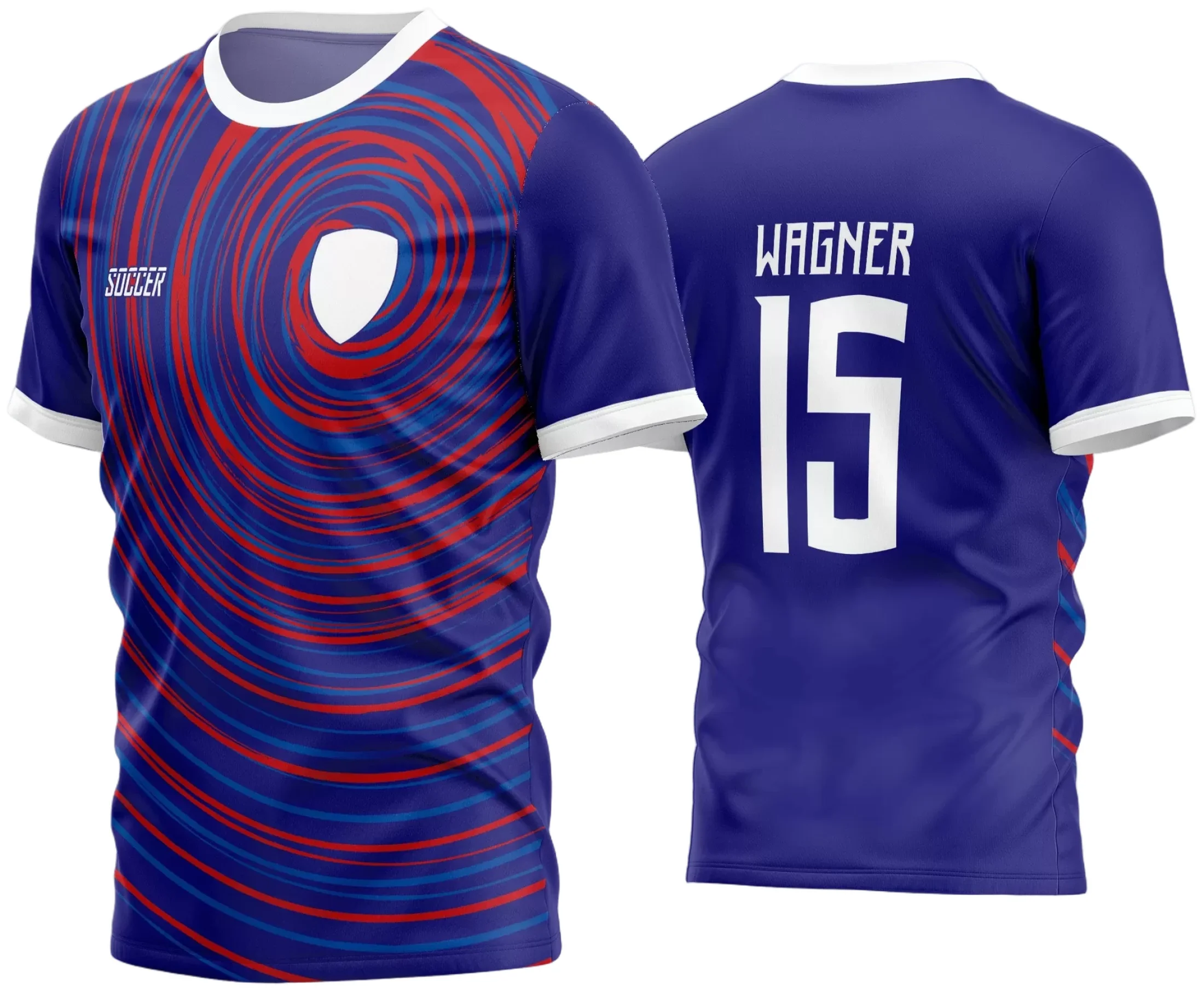 Camisa de futebol amador com logo no peito em destaque e estampa grande nas costas, trazendo um design moderno e vibrante que representa a paixão pelo esporte em cada detalhe.