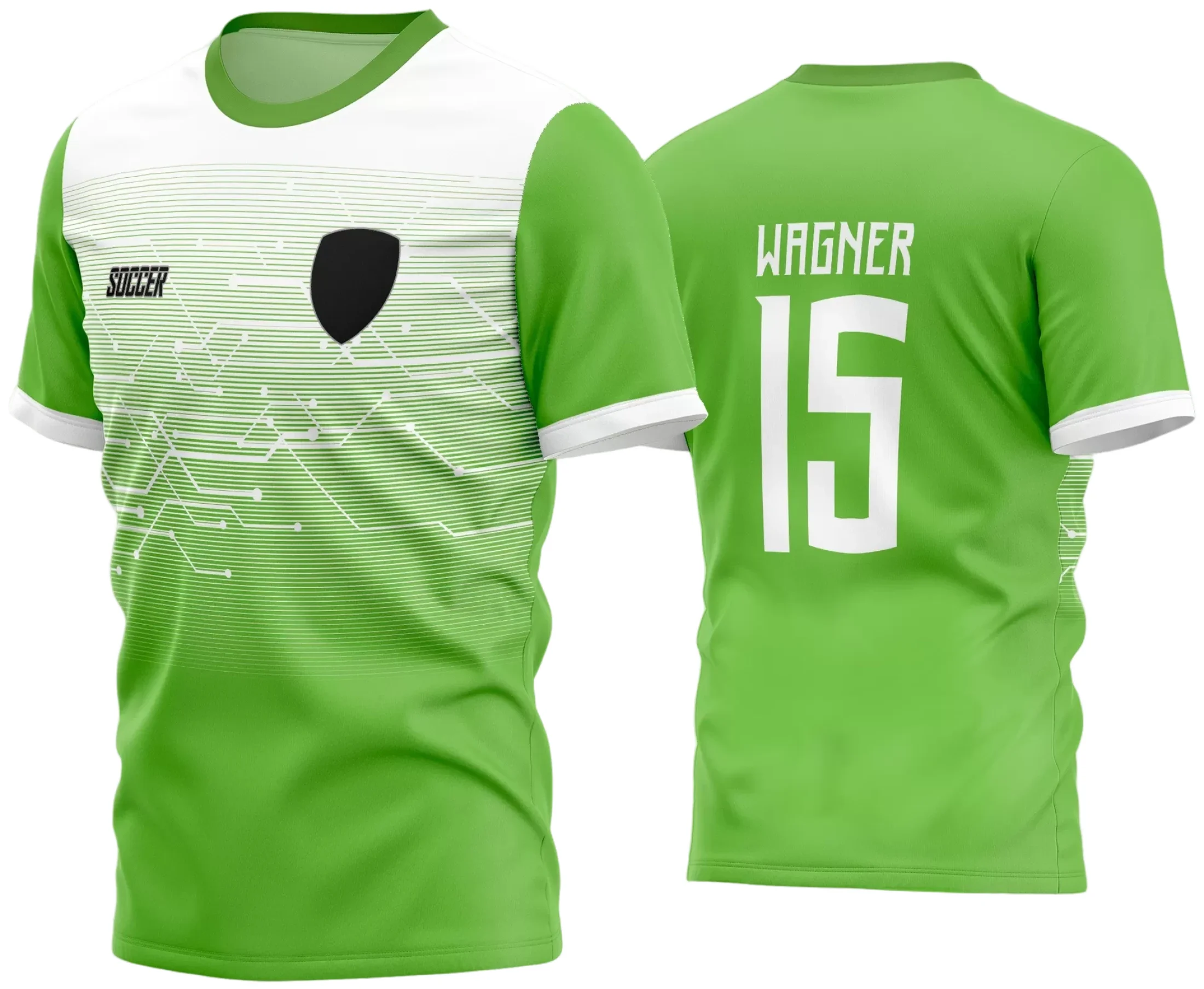 Camisa de futebol amador com logo no peito e estampa grande nas costas, design vibrante e moderno ideal para times que buscam estilo e identidade visual marcante.