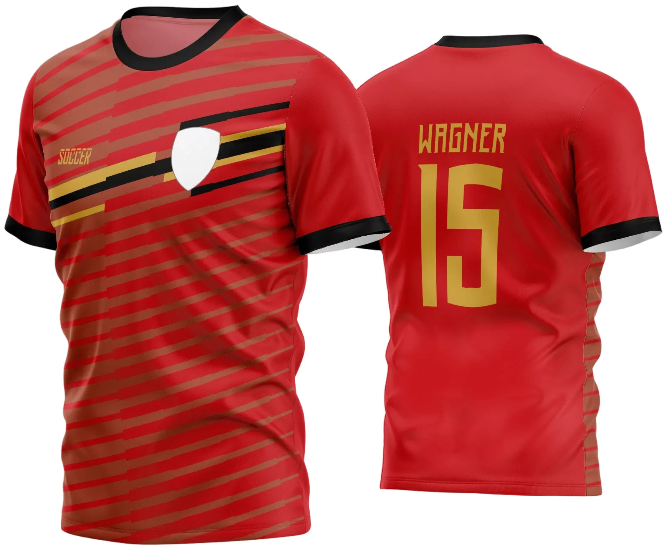 Camisa de futebol amador com logo no peito e estampa grande nas costas; modelo moderno com cores vibrantes e visual impactante ideal para equipes que buscam estilo e identidade única em campo.