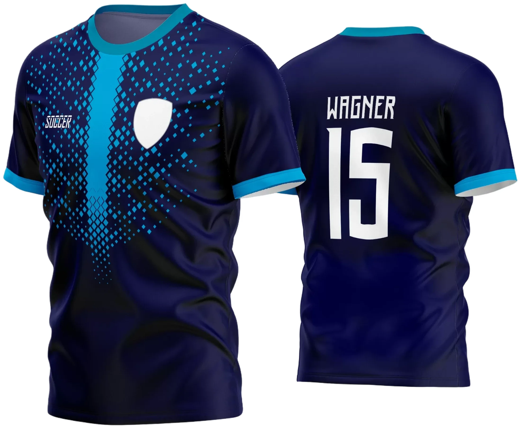 Camisa de futebol amador com logo no peito e estampa grande nas costas, design moderno e vibrante para equipes que buscam identidade visual marcante em jogos e treinos.