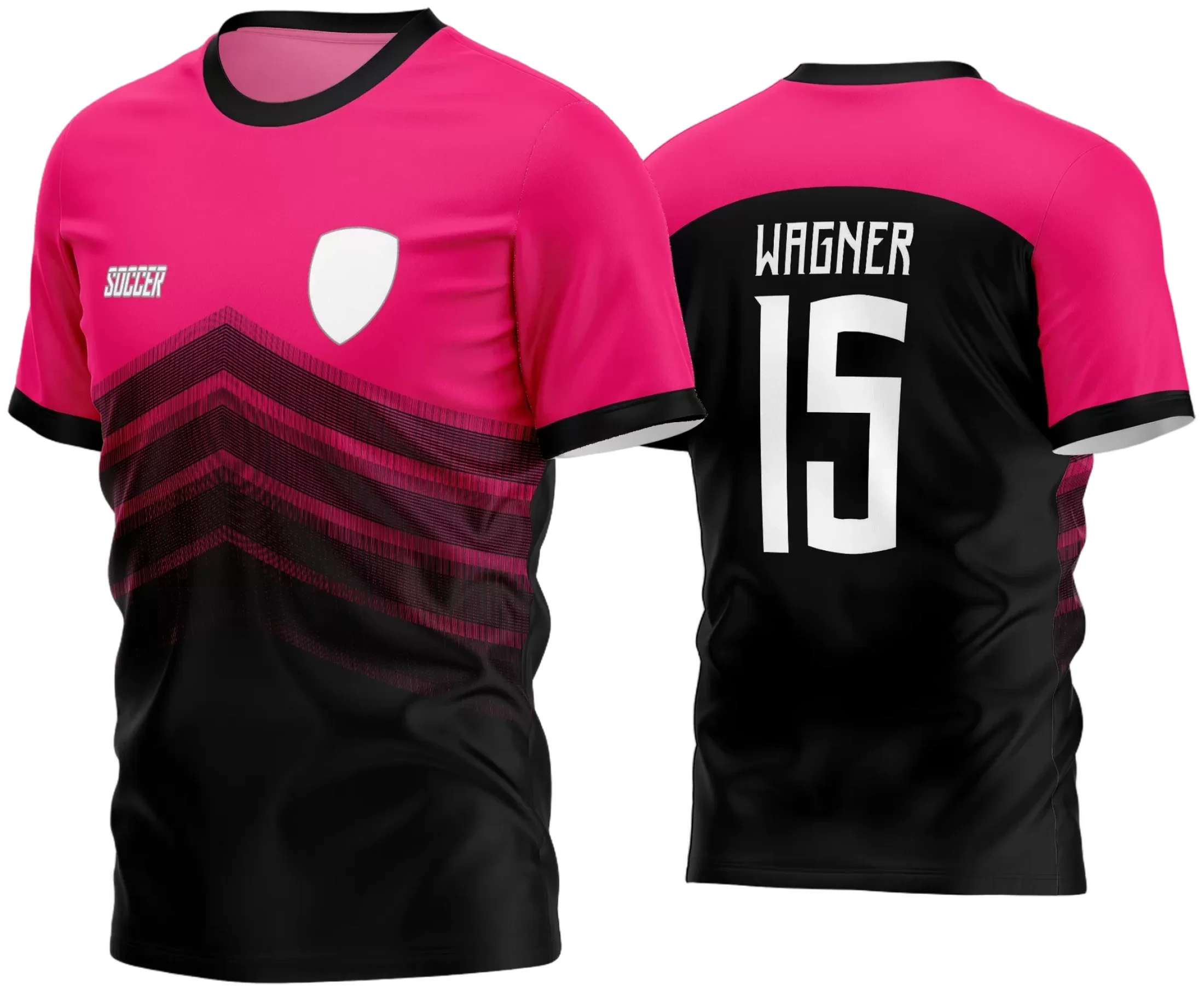 Camisa de futebol amador com logo no peito e estampa grande nas costas, estilo moderno e vibrante, perfeita para times amadores em jogos e eventos esportivos.