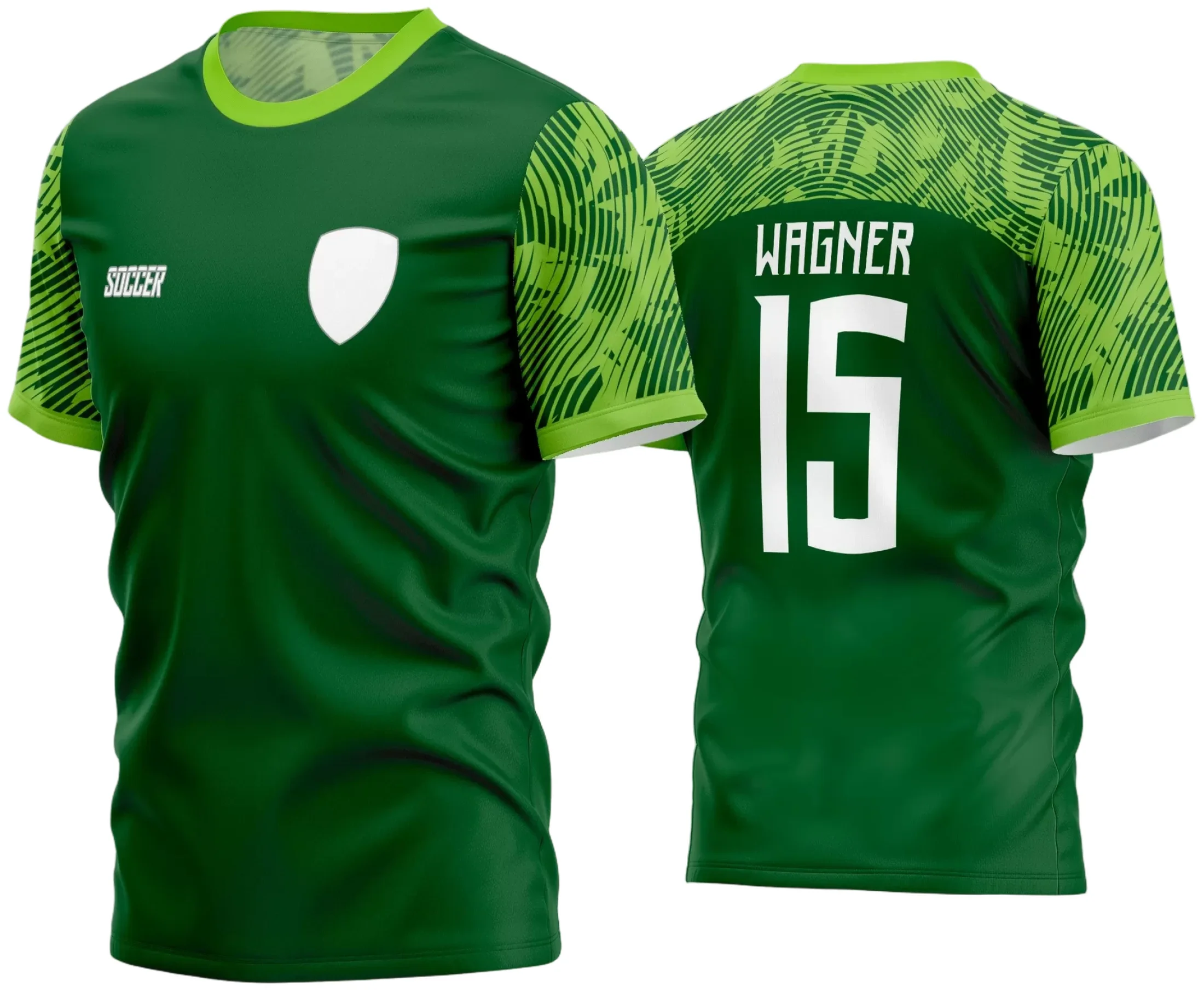 Camisa de futebol amador com logo no peito e estampa grande nas costas em design vibrante e moderno para 2024, ideal para times que buscam identidade visual marcante.