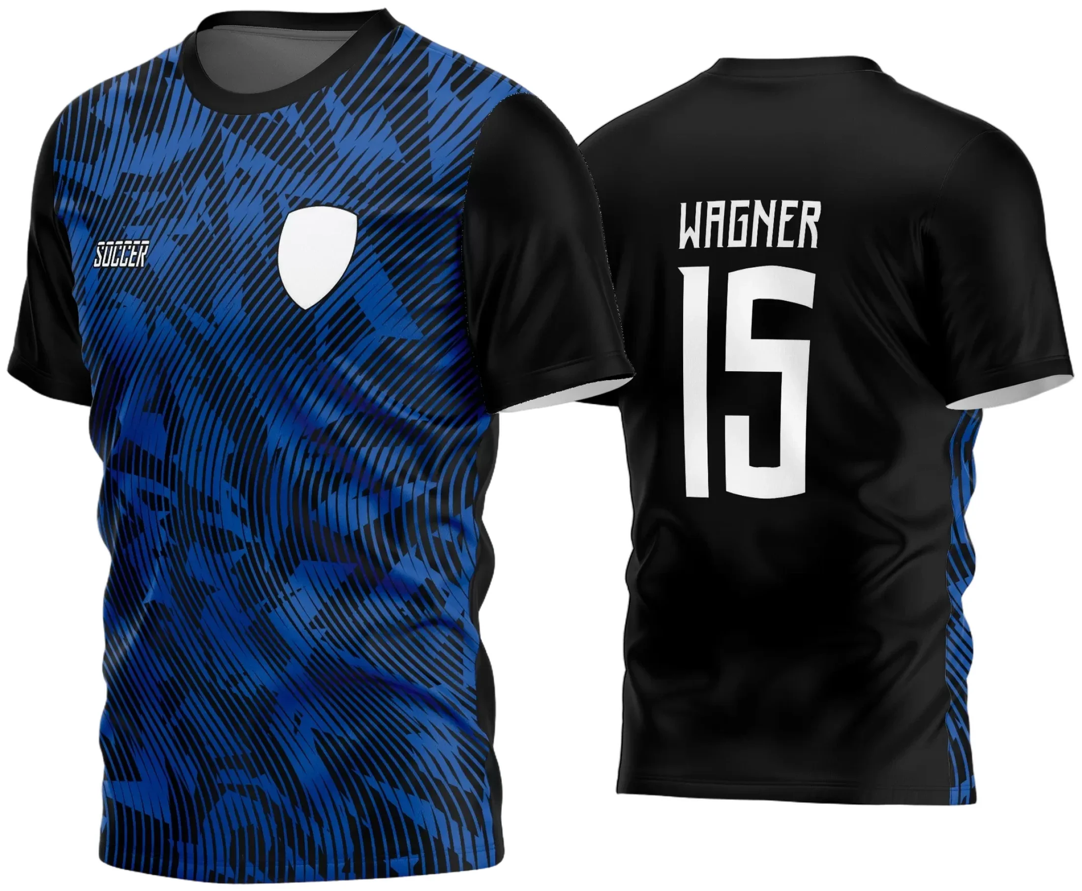 Camisa de futebol amador com logo no peito e estampa grande nas costas, destacando cores vibrantes e estilo moderno ideal para equipes que buscam identidade única em 2024.