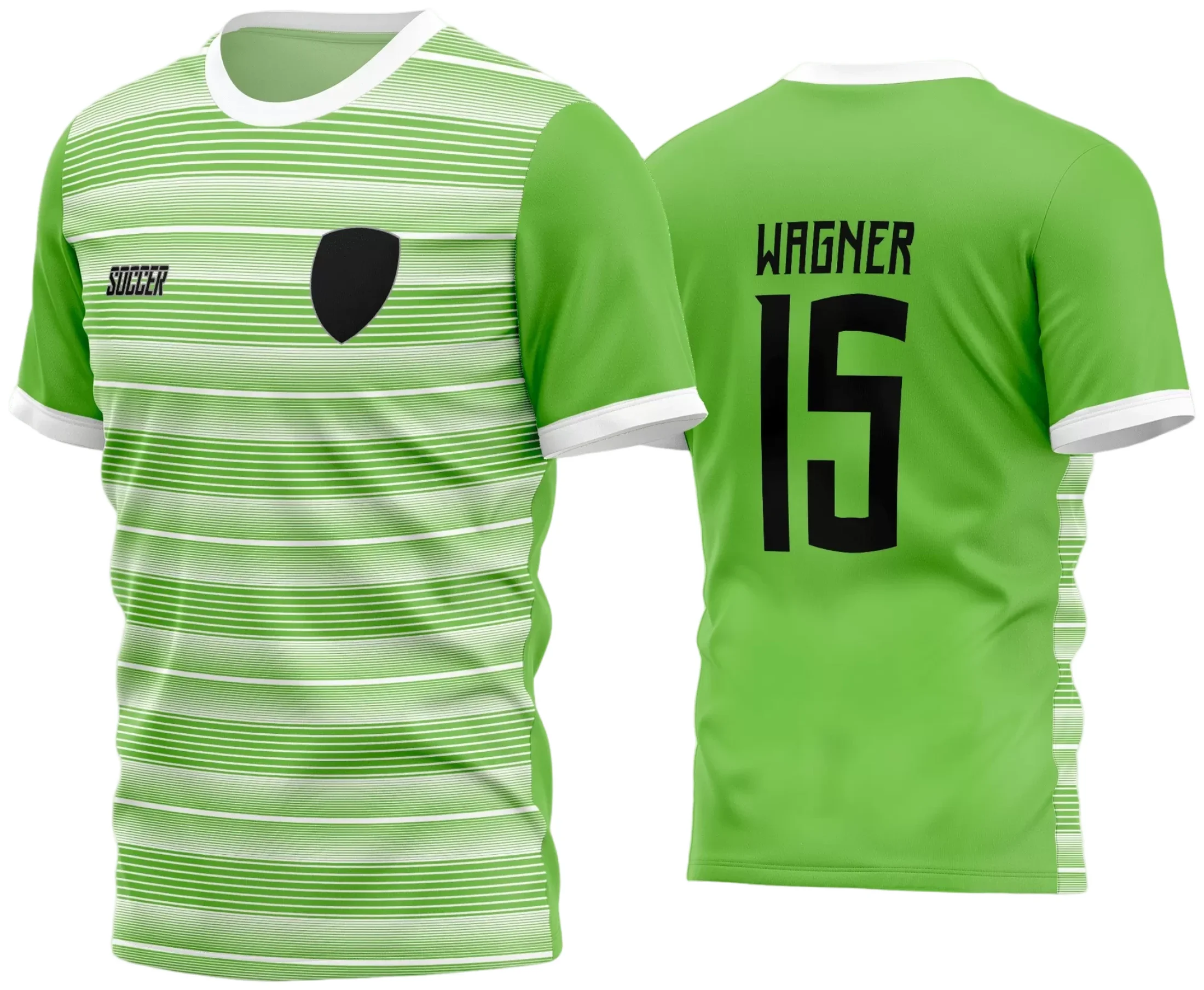 Camisa final com logo no peito visível e estampa grande nas costas, destacando um design moderno para times de futebol amador, perfeita para jogos locais e eventos esportivos.