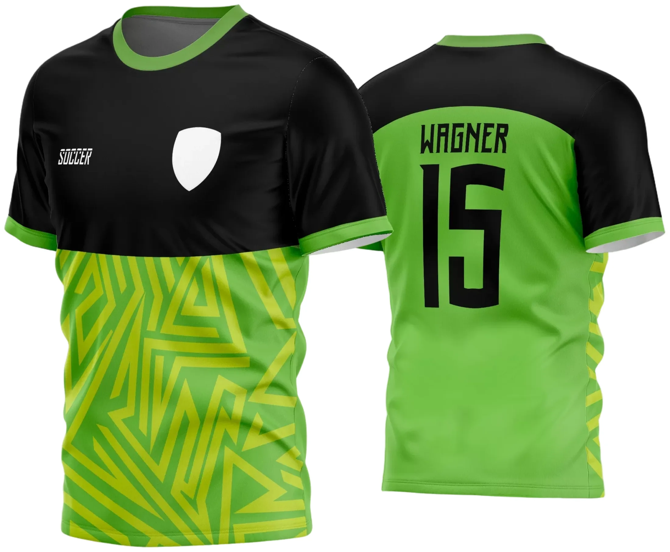 Camisa de futebol amador estilizada com logo no peito e estampa grande nas costas, destacando um design moderno e vibrante para equipes que buscam identidade única em campo.