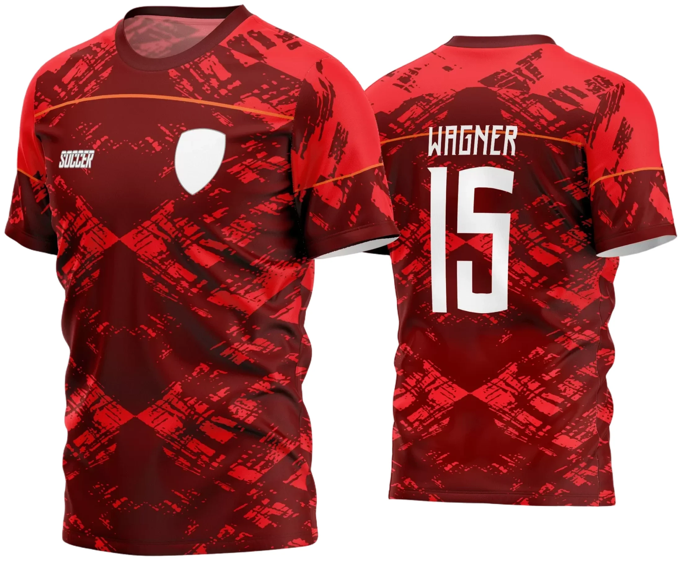 Foto de camisa de futebol time amador com logo no peito e estampa grande nas costas mostrando design moderno e cores vibrantes, ideal para equipes que buscam identidade única e estilo em campo.