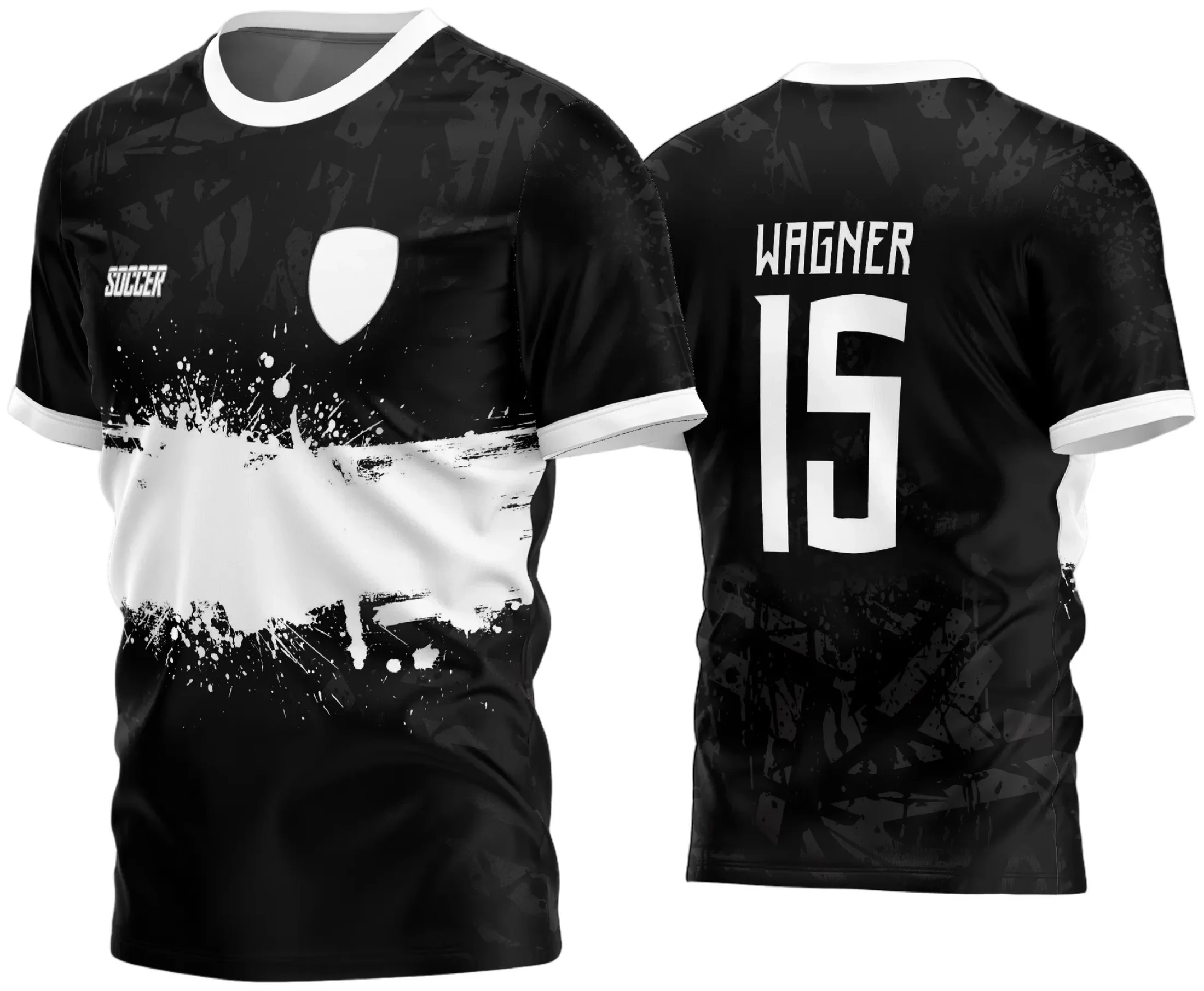 Foto da camisa de futebol time amador com logo no peito e estampa grande nas costas, ideal para jogos e treinos, destacando o design moderno e vibrante perfeito para o desempenho em campo.