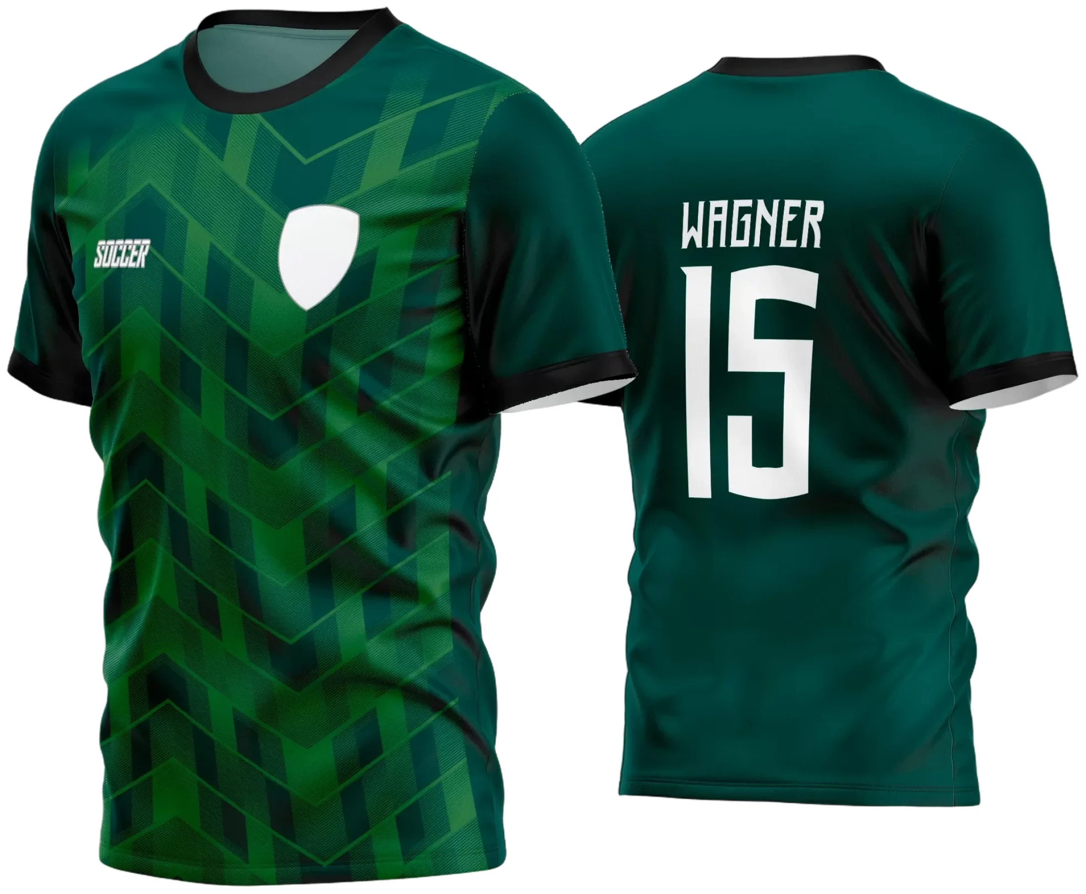 Foto da camisa de futebol amador com logo no peito e estampa grande nas costas, mostrando detalhes únicos que destacam o time em campo com estilo e personalidade.