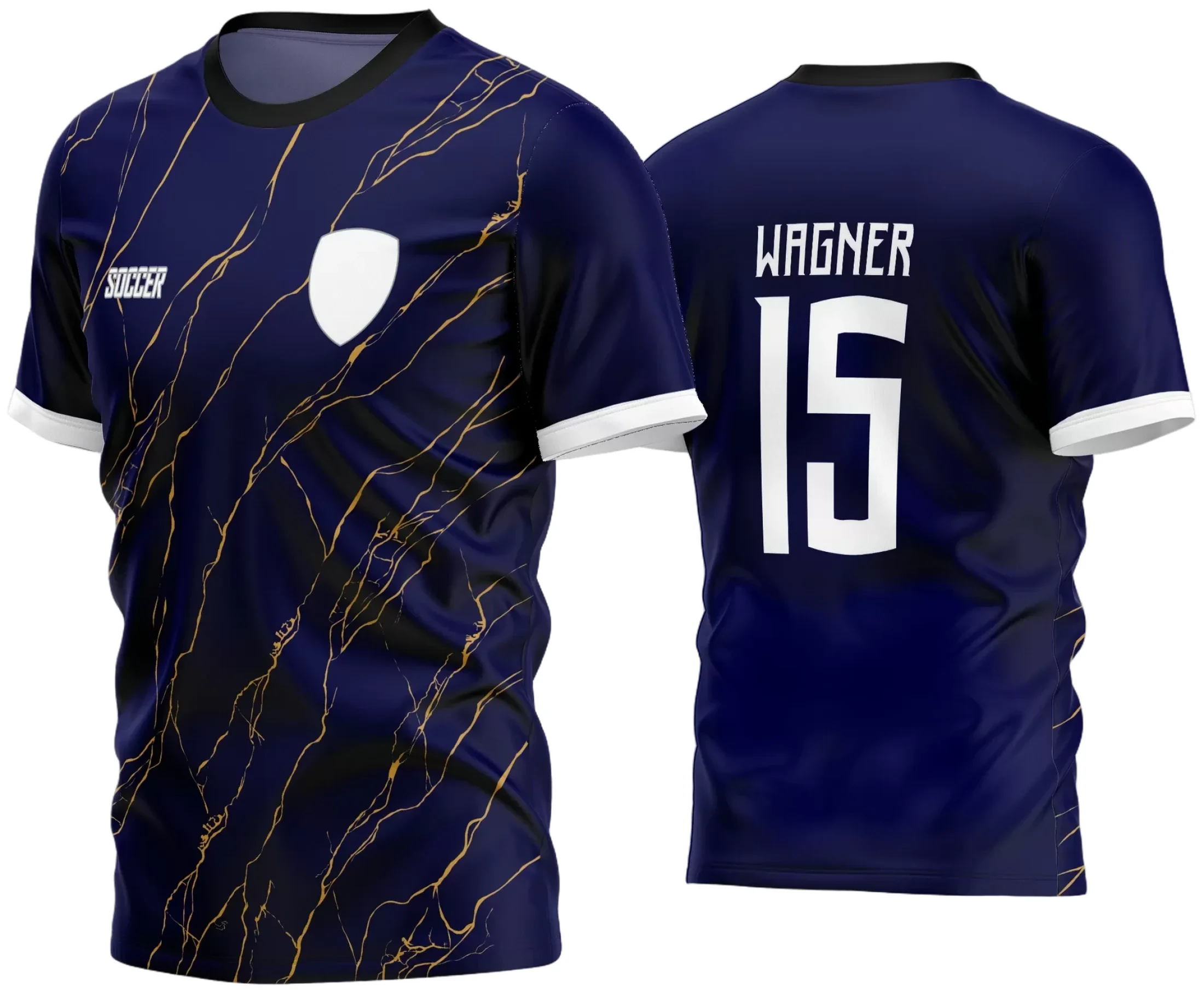 Camisa de time amador com logo no peito, destacando uma estampa grande nas costas, combinando estilo esportivo e moderno para equipes de futebol amador em 2024.