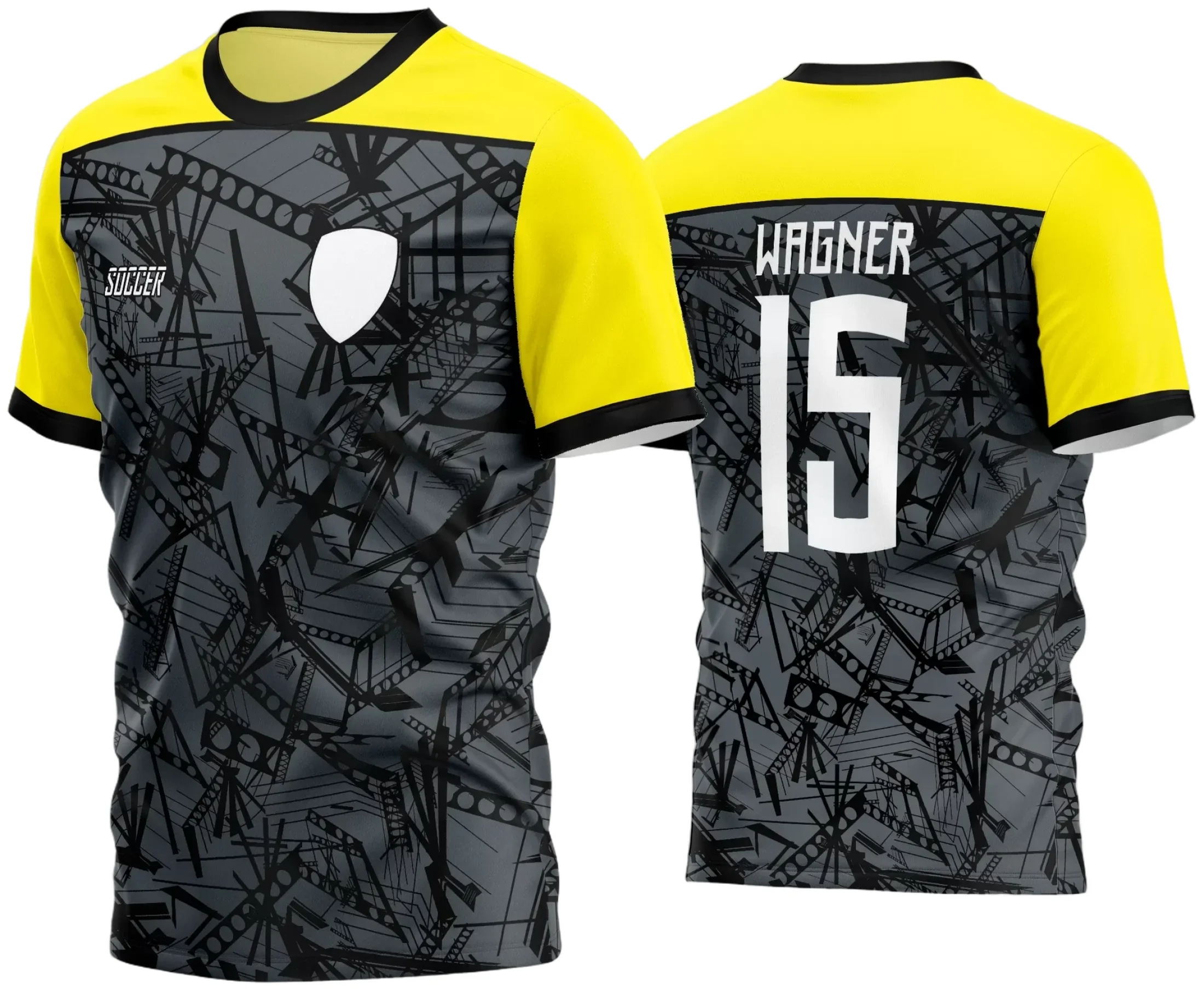 Camisa de futebol amador com logo no peito e estampa grande nas costas em destaque, mostrando design moderno e marcante, perfeita para times que buscam estilo e identidade única em campo.