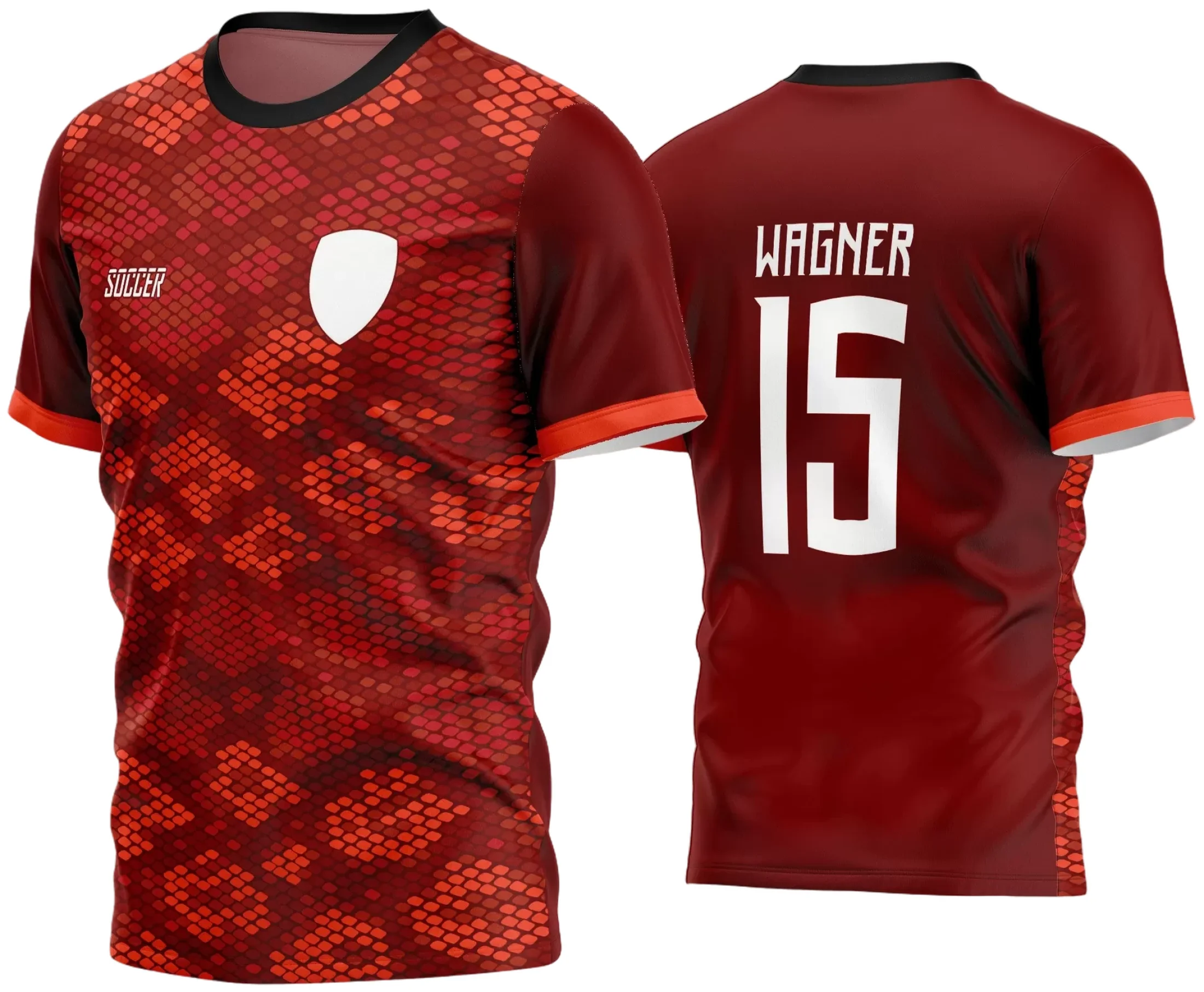 Camisa de futebol com logo no peito e estampa grande nas costas, dedicada a times amadores, exibindo cores vibrantes e design moderno que valoriza a identidade do time