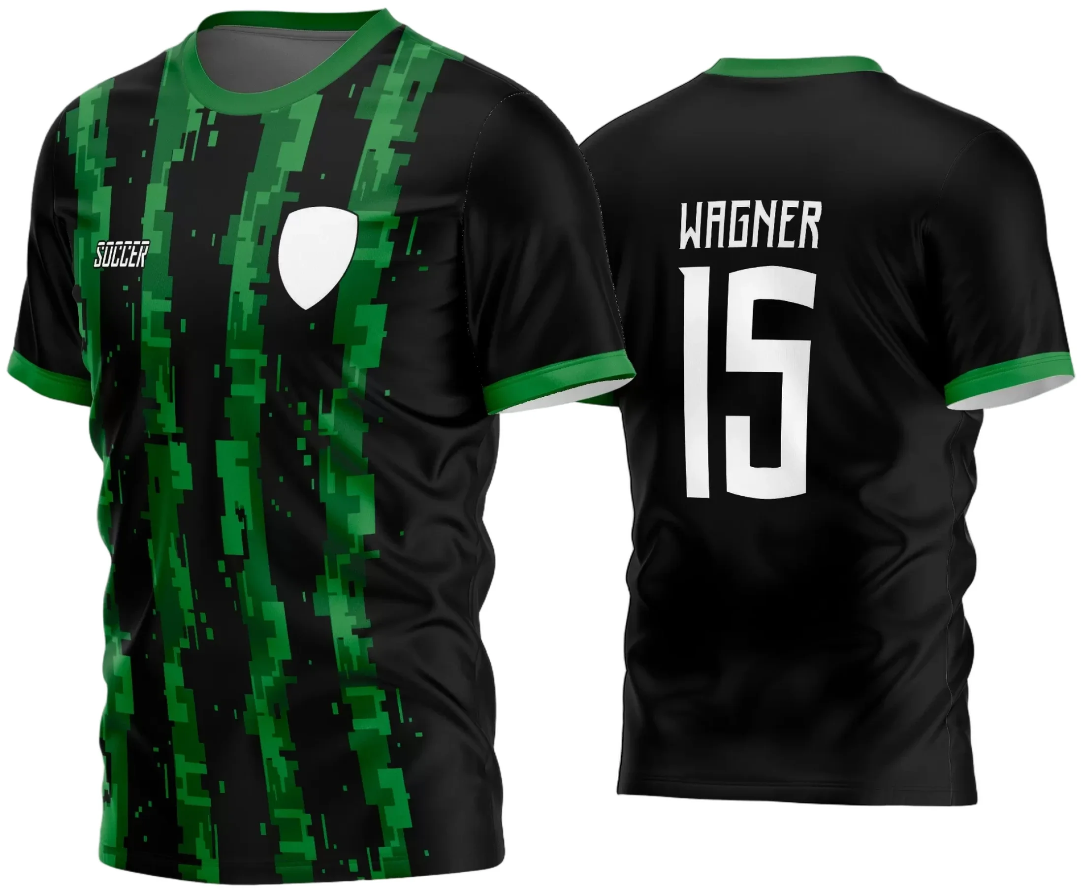 Camisa de futebol amador com logo no peito e estampa grande nas costas em estilo moderno e vibrante, perfeita para times que buscam identidade visual marcante e autenticidade em campo.