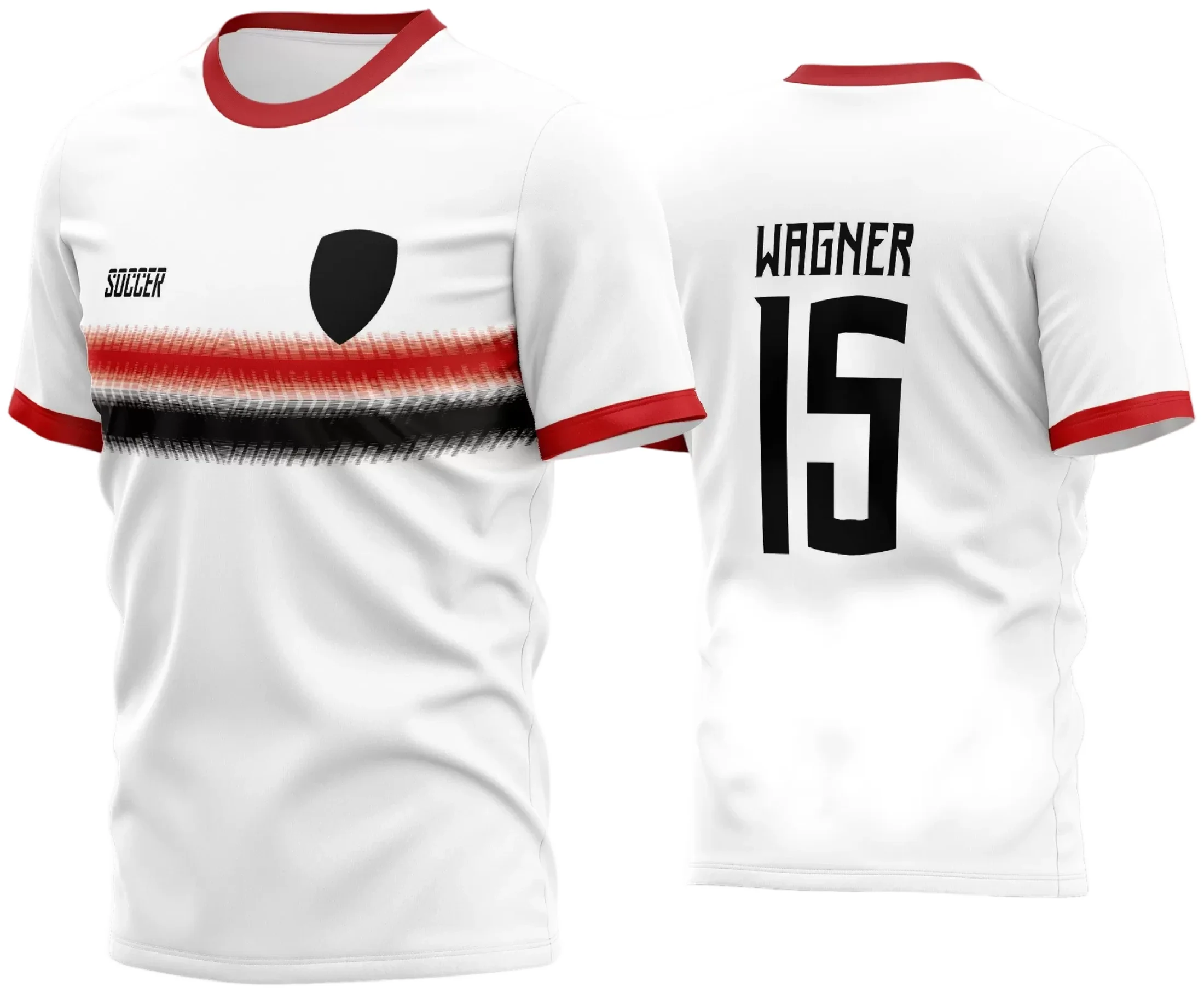 Camisa de futebol amador com logo no peito e estampa grande nas costas, destacando cores vibrantes e design moderno que valoriza a união da equipe em campo.