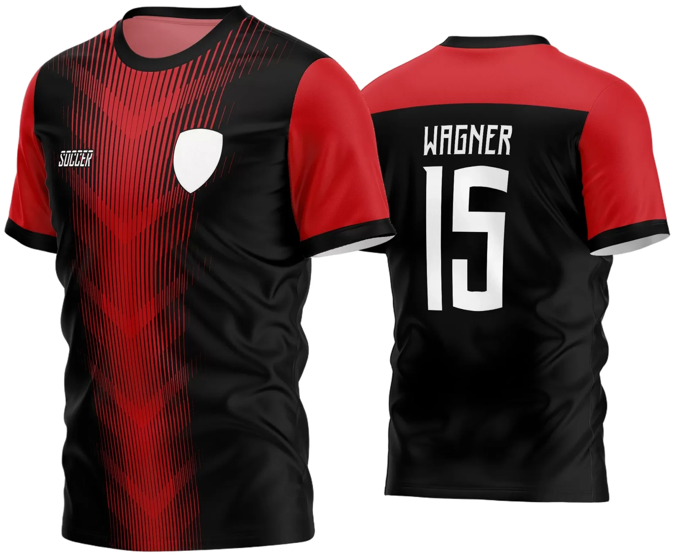 Imagem da camisa de futebol amador com logo no peito e estampa grande nas costas, ideal para times que buscam identidade visual forte e autoria exclusiva para 2024.