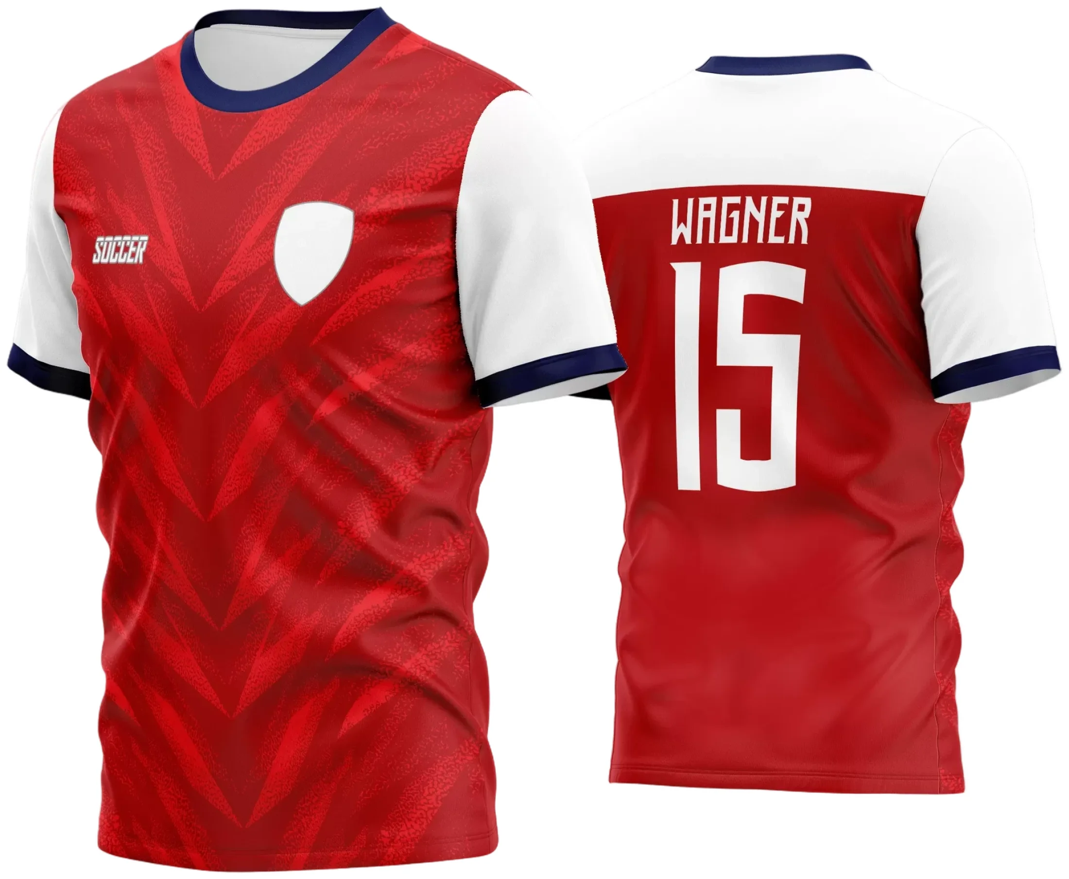 Camisa de futebol amador com logo no peito e estampa grande nas costas, destacando design moderno para partidas do time em 2024, com cores vibrantes e detalhes que valorizam a identidade da equipe.