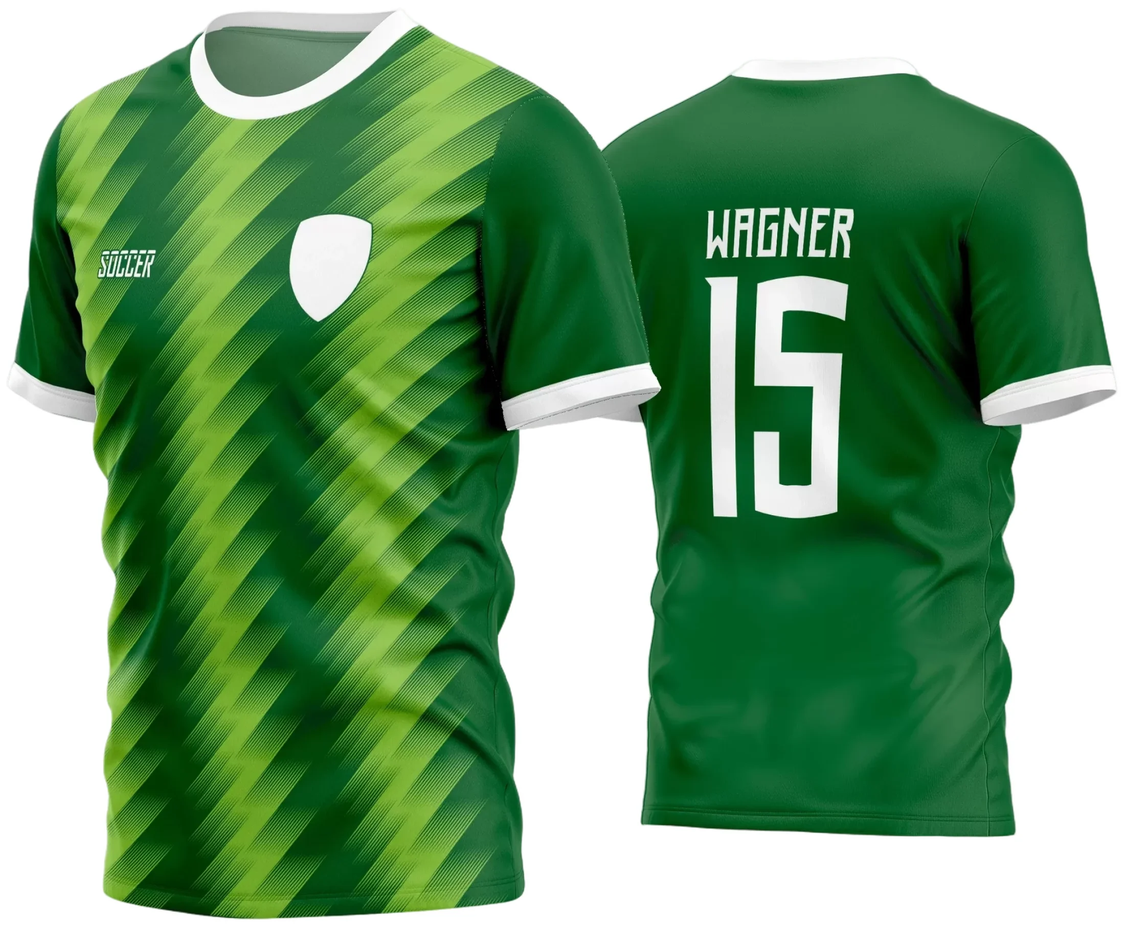 Camisa de futebol amador com logo no peito e estampa grande nas costas exibindo design moderno e vibrante, ideal para times locais que buscam identidade única e destaque em campo.