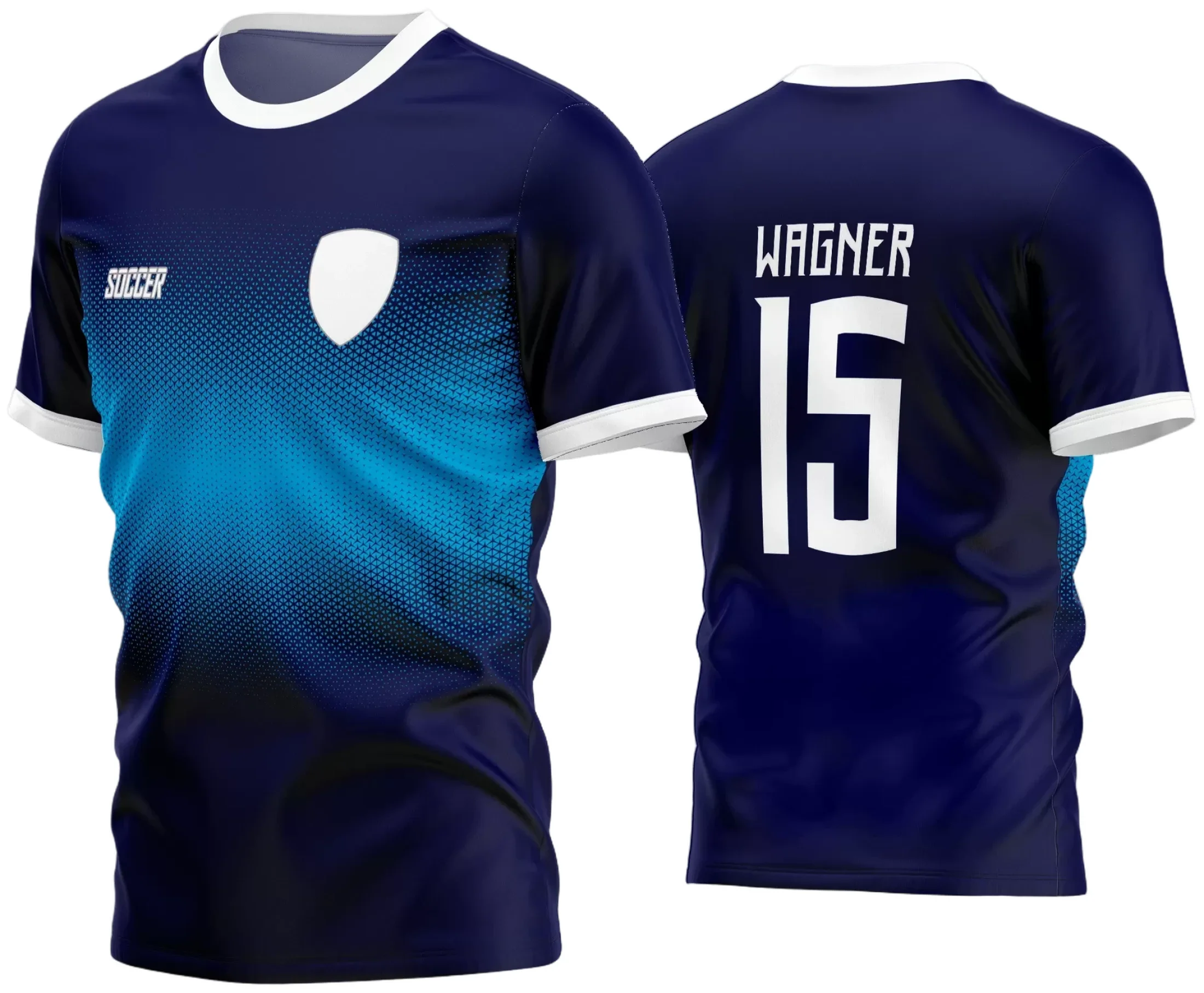 Camisa esportiva de futebol com logo no peito e estampa grande nas costas, exibindo design moderno e vibrante, ideal para equipes amadoras que buscam estilo e identidade única em campo.