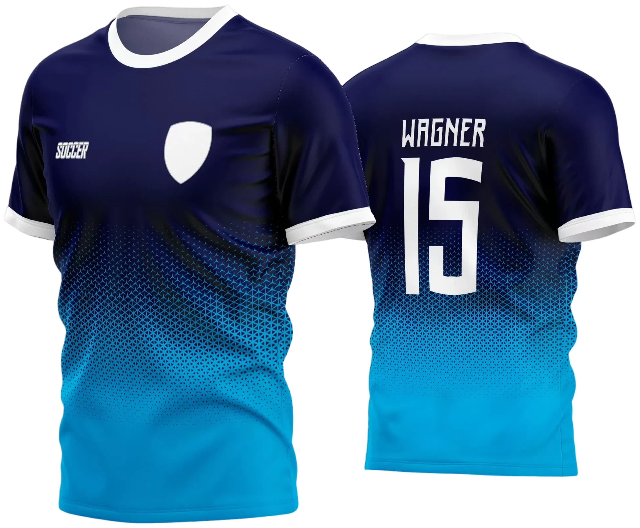 Camisa de futebol amador com logo no peito e estampa grande nas costas, combinando cores vibrantes e design moderno perfeito para times que buscam identidade e estilo dentro de campo.