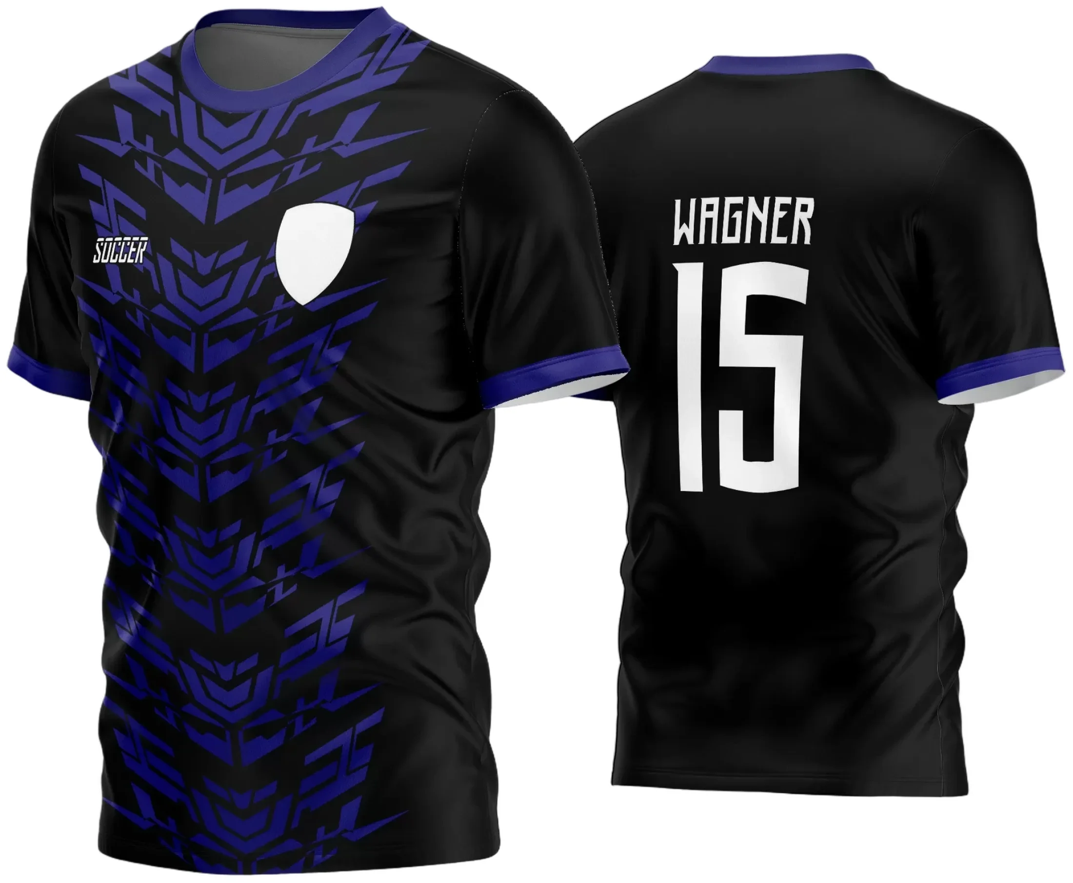 Camisa de futebol amador com logo no peito e estampa grande nas costas, em design moderno e vibrante, perfeita para jogos e treino de times amadores. Uniforme estiloso e confortável para destacar seu time em campo.