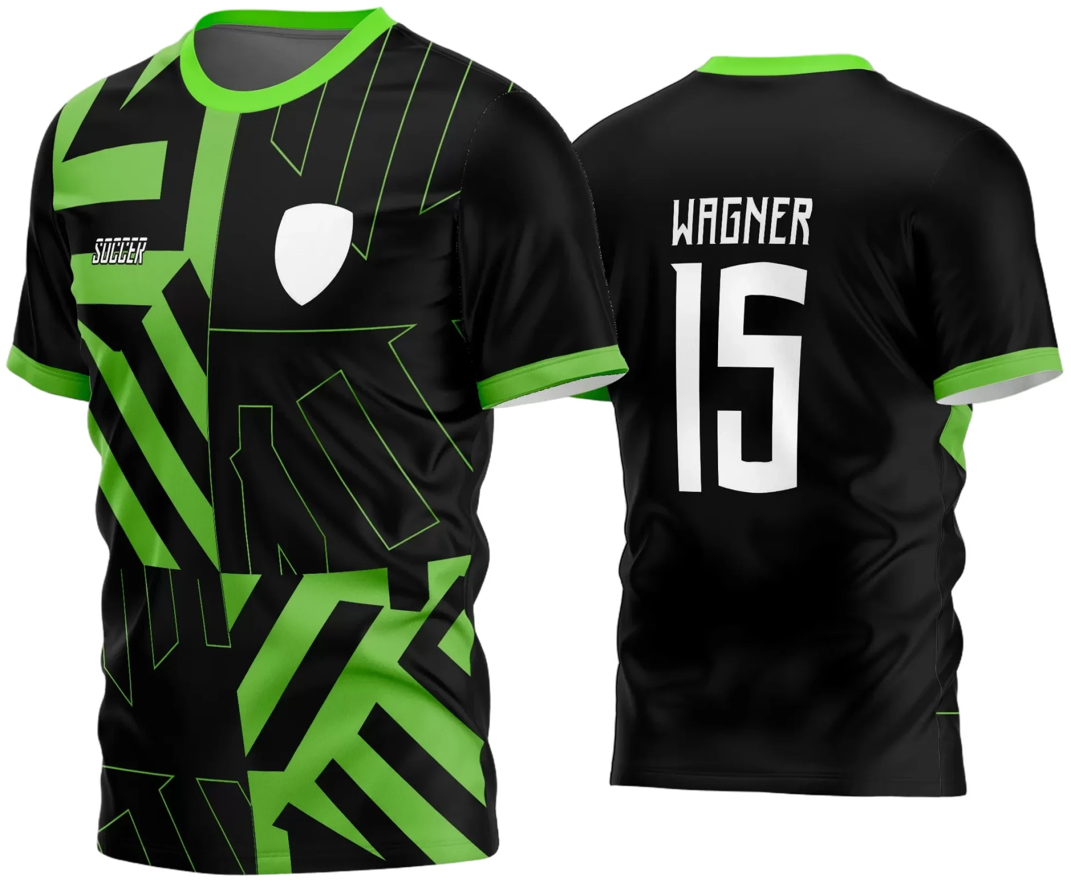 Camisa finalizada de futebol amador com logo no peito e estampa grande nas costas, destacando um design moderno e vibrante que representa força e união do time em campo.